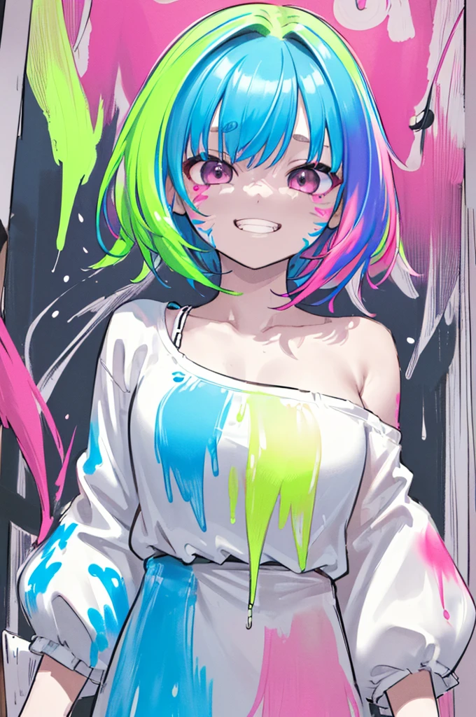 (​masterpiece、top-quality、a high chroma、ultra-detailliert、high-resolution illustrations、Ultra-high-definition CG、8k size wallpaper、offcial art、production art)、Skin quality improvement,,((Vivid Color:1.5))、((Fluorescent color:1.5)),((doodle:1.7))、((A large amount of various fluorescent colors are scattered throughout the clothes..:1.7))、((paint on faces and clothes:1.8))、tilt of the head、((colorful fluorescent hair:1.7))、(Face Focus:1.5)、(close to viewer:1.5)、(single bare shoulder sweater long:1.2)、(Eyes are blue)、(girl with)、medium breasts、(Very short hair),(Excited eyes),(Gradient Eyes)、(grinning evily:1.3),(Cowboy Shot),(),(Standing)、(View from below:1.3)