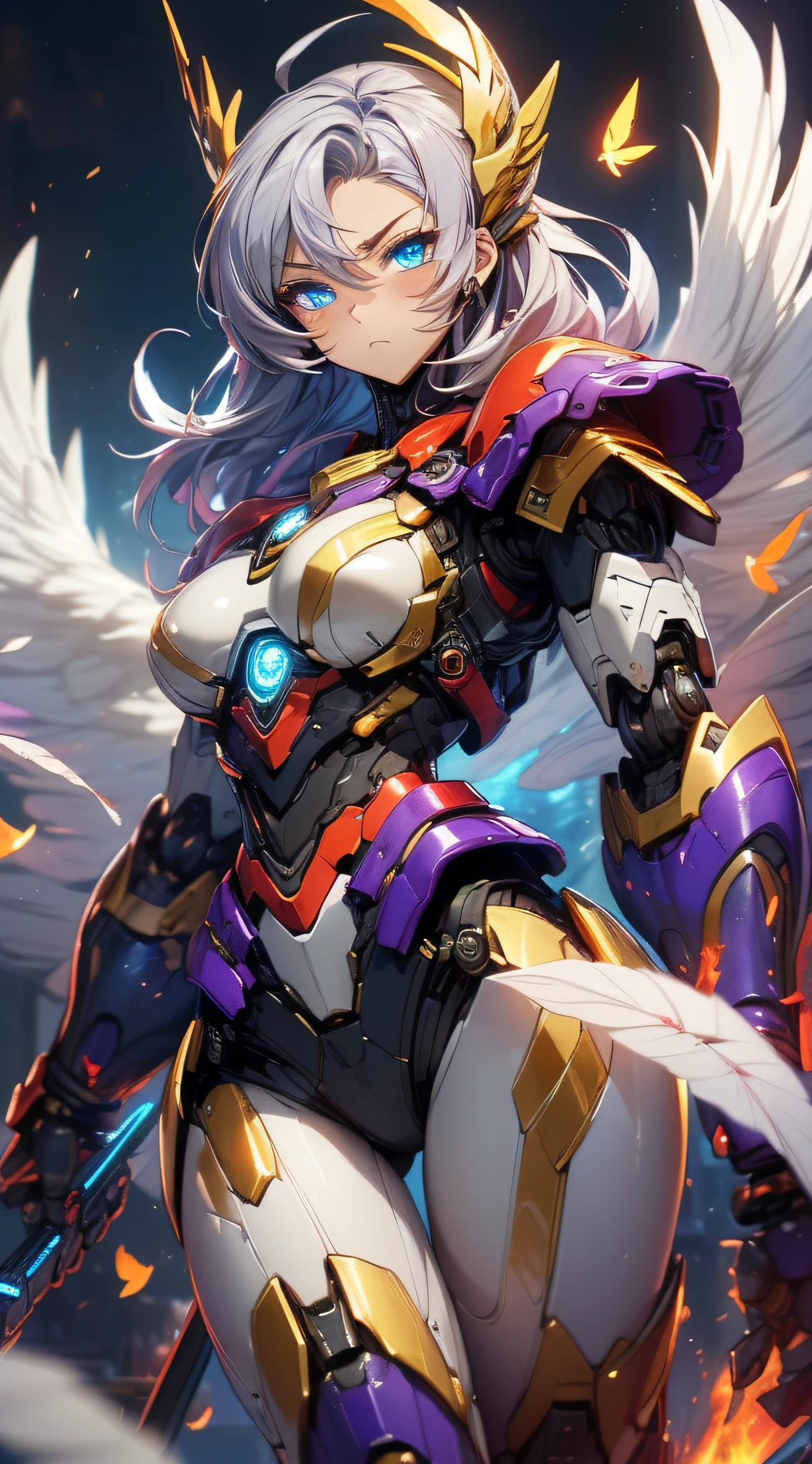 top-quality、Top image quality、​masterpiece、girl with((red and blue mechanical body armor、red mechanic arm、purple leg arms、Shining gold body line、sixteen years old、teen ager、cute little、Best Bust、big bast,Beautiful light blue eyes、Breasts wide open, Purple hair、silver flight unit,Semi-long、A slender,Large valleys、belligerent movements,glowing whip、)),hiquality、Beautiful Art、Background with((Midnight City、Pillar of fire、fluttering white feathers)))、Depth((Black Giant Robot)),masutepiece、depth of fields,Cinematic style