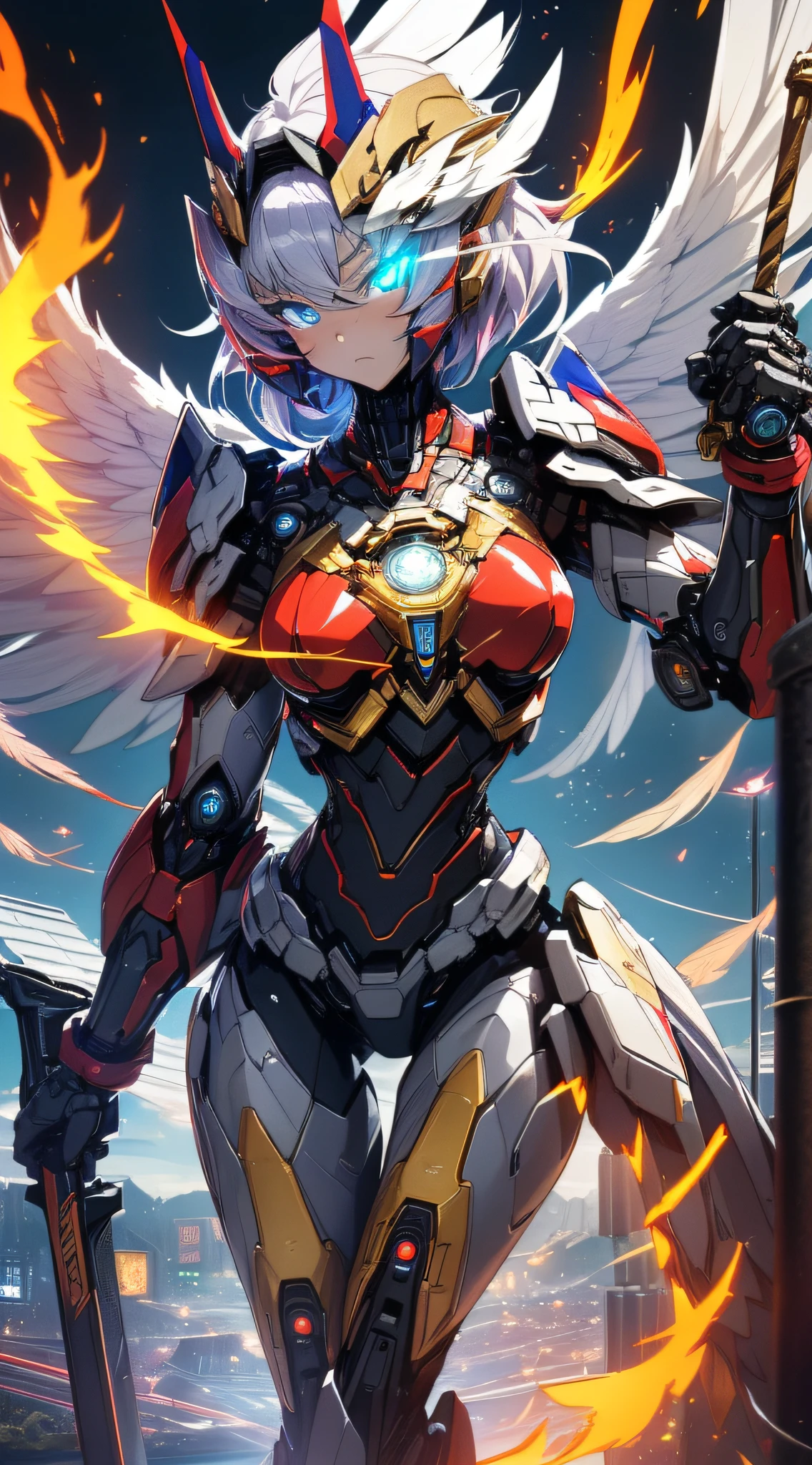 top-quality、Top image quality、​masterpiece、girl with((red and blue mechanical body armor、red mechanic arm、purple leg arms、Shining gold body line、sixteen years old、teen ager、cute little、Best Bust、big bast,Beautiful light blue eyes、Breasts wide open, Purple hair、silver flight unit,Semi-long、A slender,Large valleys、belligerent movements,glowing whip、)),hiquality、Beautiful Art、Background with((Midnight City、Pillar of fire、fluttering white feathers)))、Depth((Black Giant Robot)),masutepiece、depth of fields,Cinematic style