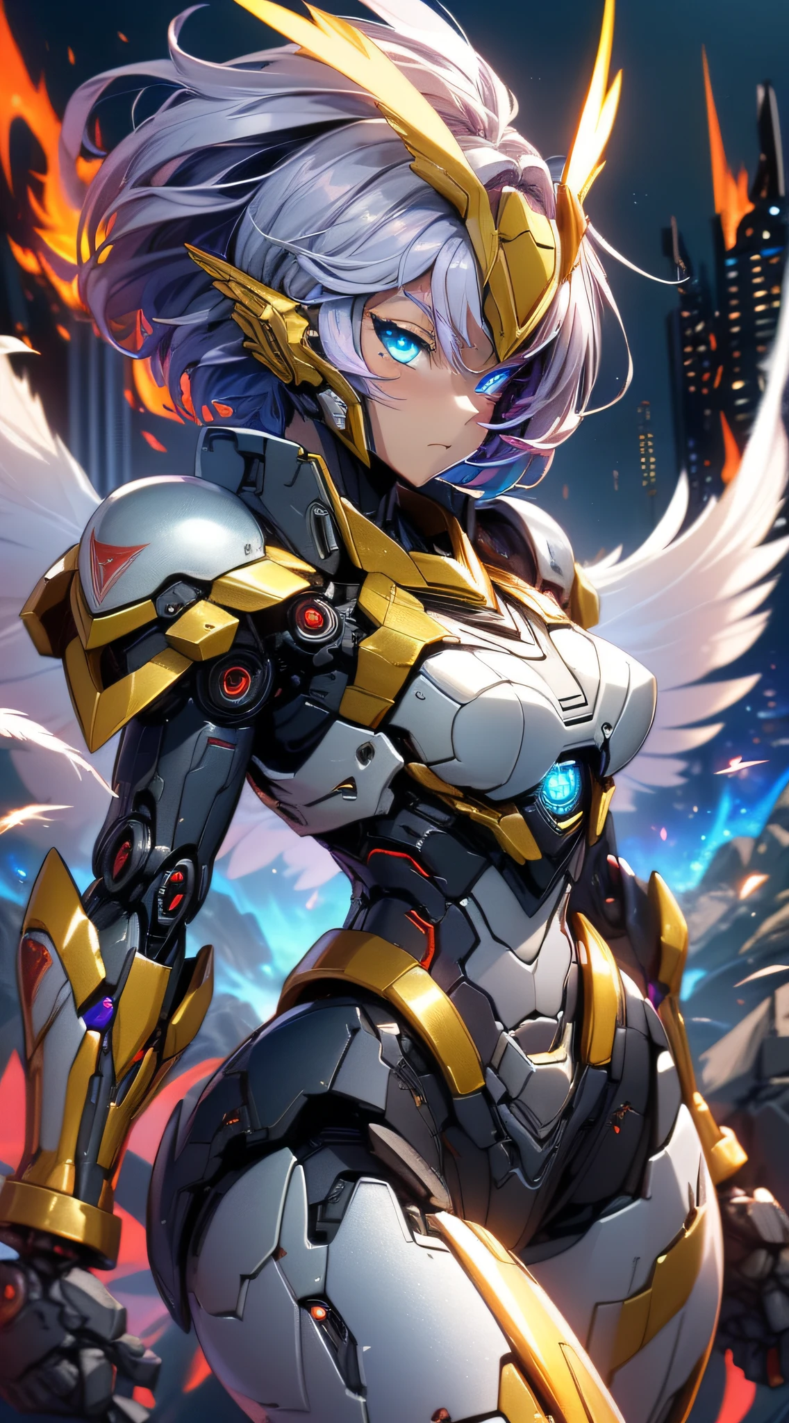 top-quality、Top image quality、masterpiece、girl with((red and blue mechanical body armor、red mechanic arm、purple leg arms、Shining gold body line、、teen ager、cute lit Bust、big bast,Beautiful light blue eyes、Breasts wide open, Purple hair、silver flight unit,Semi-long、A slender,Large valleys、belligerent movements,glowing whip、)),hiquality、Beautiful Art、Background with((Midnight City、Pillar of fire、fluttering white feathers)))、Depth((Black Giant Robot)),masutepiece、depth of fields,Cinematic style