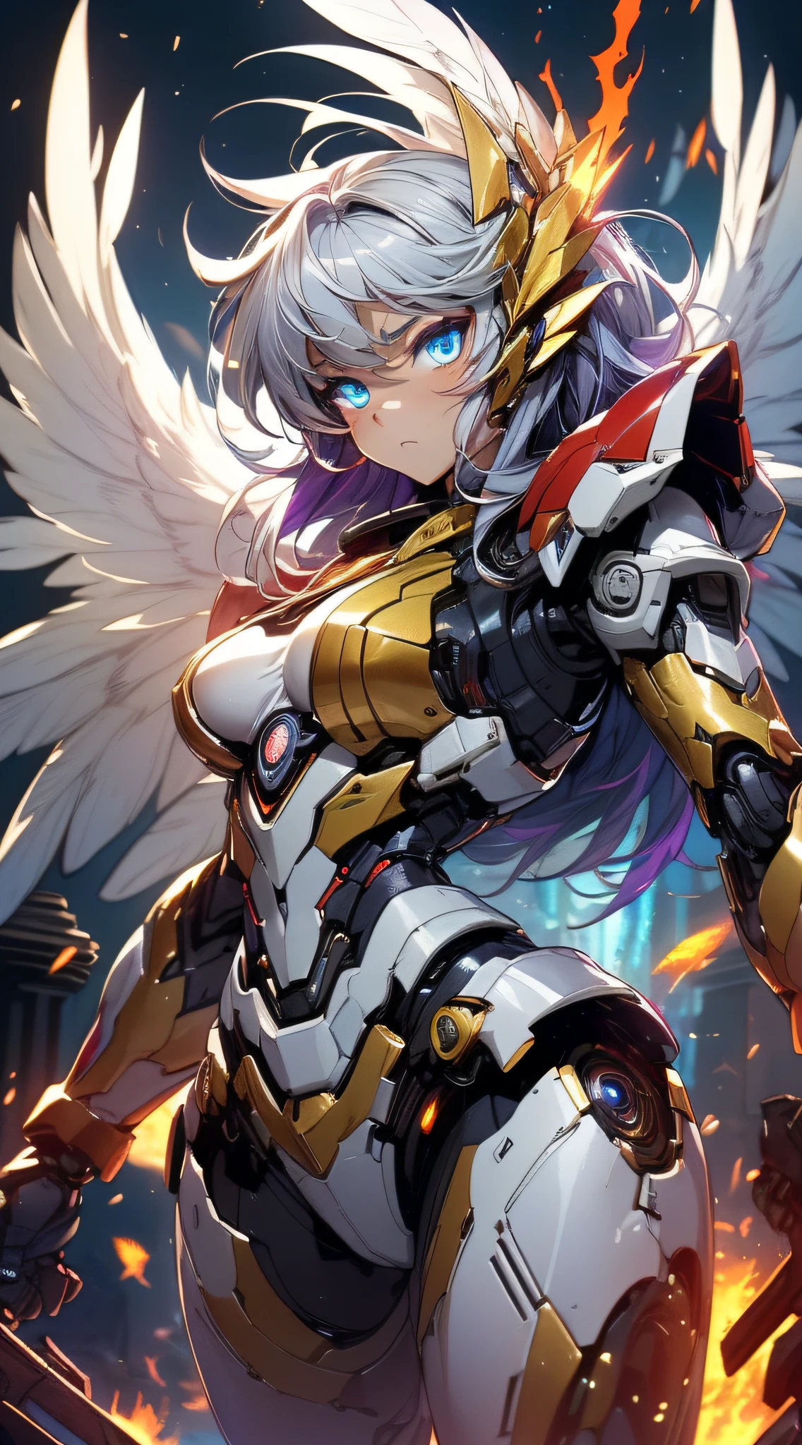 ((Highest quality))、((masterpiece))、(detailed)、((Anatomically correct))、One Woman、aldult、(look at me)、whole body、(Ultra-glossy skin with attention to detail:1.1)、Glowing Skin、bangs、Short Hair、Beautiful black hair、(Beautiful Eyes:1.3)、Slim figure、medium breasts、headgear、Arm Armor、Mechanical wings from the back