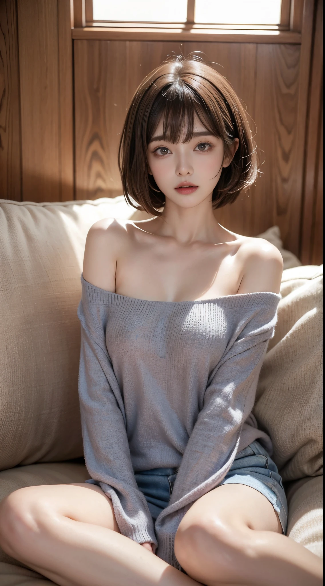 Short brown hair girl lying on sofa，covered with blanket，Wear a sweater，Clear  eyes，（Look down at the audience：0.8），Loose sleeves，with her mouth open，through bangs，White sleeves，whitegloves，blue hairs，1个Giant Breast Girl，Glossy glossy skin，（tmasterpiece;1.0), (真实感:1.4), (soft focus:1.2)