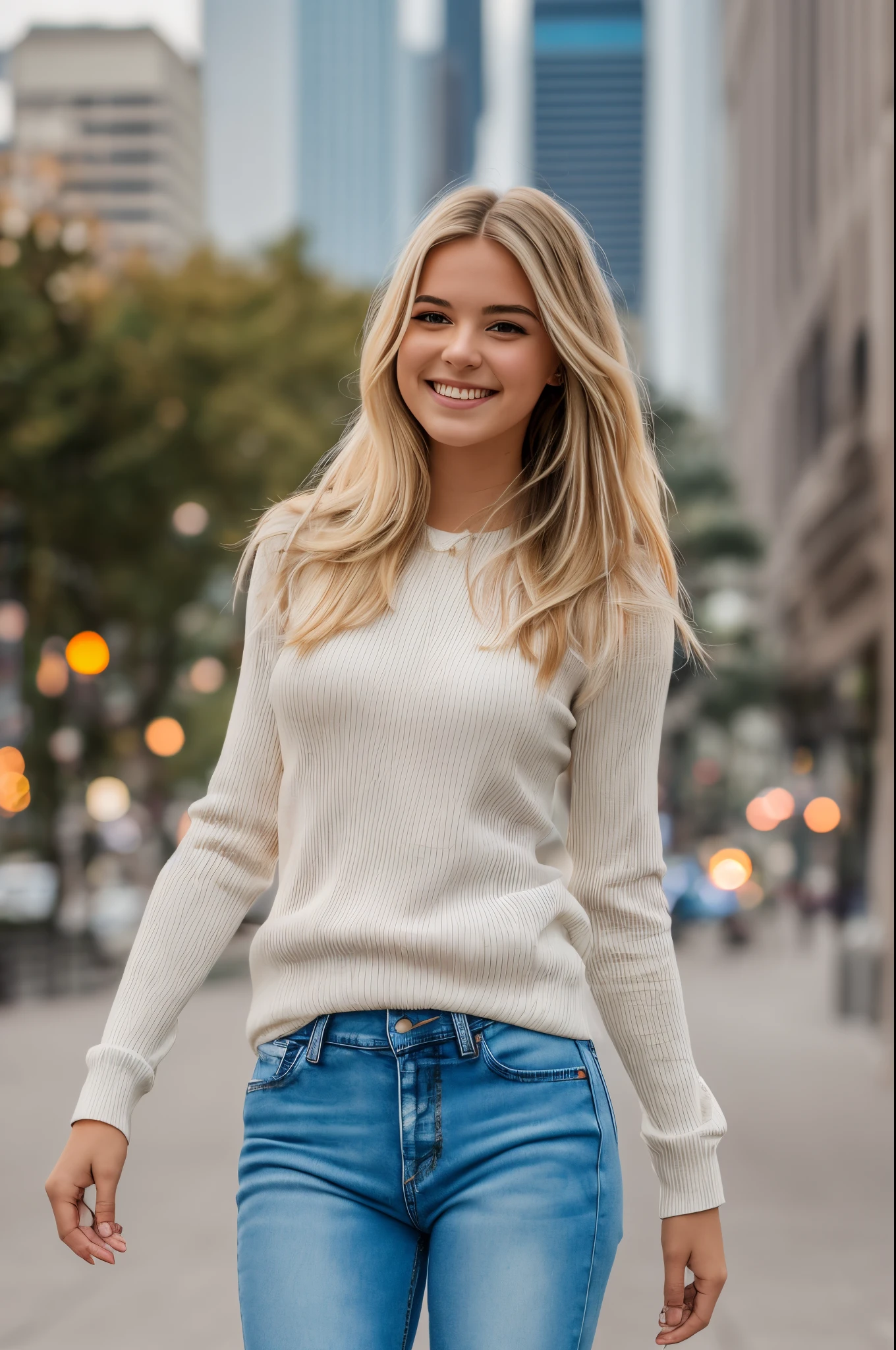 photo beautiful light blonde long hair 21 year old girl with narrow sexy short white pullover top and jeans walking in benodorm downtown,with skyscrapers behind, smiling happy, canon d1 85 mm --auto --s2