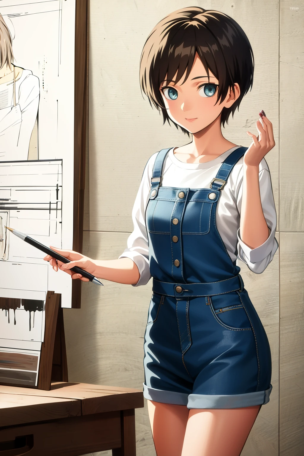 Cute girl,a painter,Painter's clothes,short hair, Drawing board, Hand drawing is better, adult girl, Girl, woman, sexy