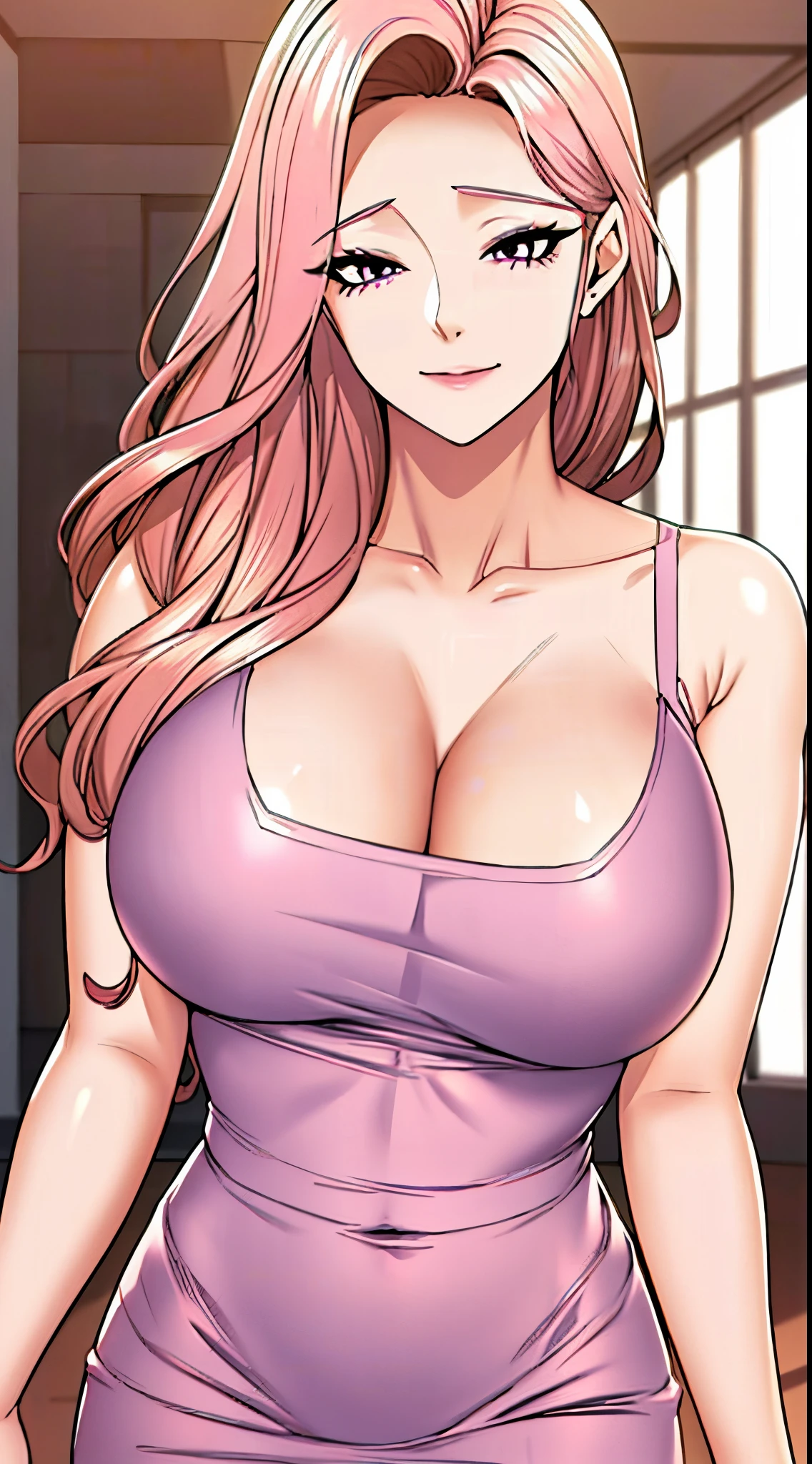 (8k, RAW photo, best quality, masterpiece:1.2),1girl,solo,mature female, purple eyes, pink hair, breasts,cleavage,
half-closed eyes,smile,