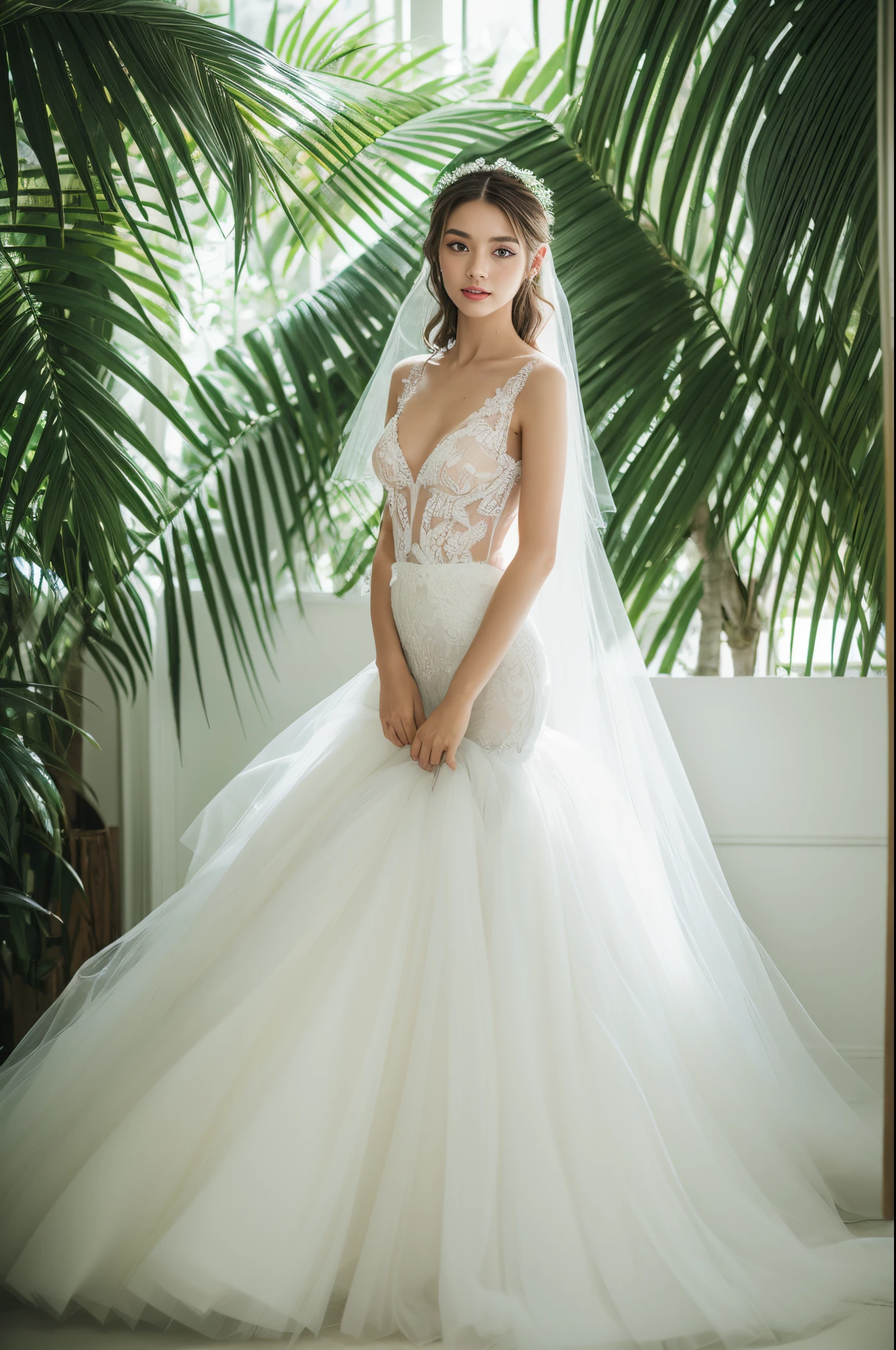 Best quality, 8k, 32k, Masterpiece, Masterpiece, (Photorealistic: 1.4), RAW photo, ultra realistic, 1girl，Fashion model, Wearing a white mermaid wedding dress, tulle fabric, full length view, pose in white room with indoor decorative palm tree, Stand upright