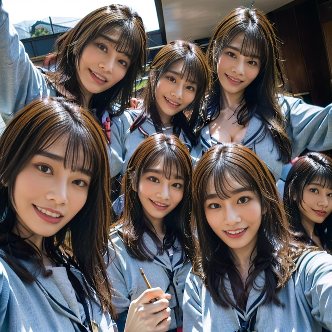 a picture、(((multiple girls))),((((6+girls))))、((10 girls))、The same face、matching school uniform、、Long black hair、10 cute girls、((((Gigantic Breasts))))、a smile、Selfie stick、‎Classroom、Raw photo、same person、Doppelganger、(group portraits)、a junior high  student