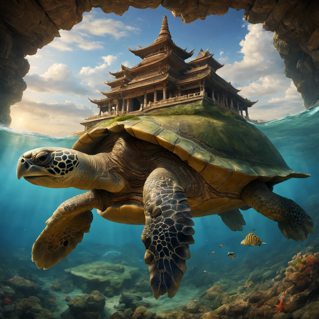 Ancient temple built on top of a giant turtle,Put a building on the back of a giant turtle,Beautiful sea,​masterpiece