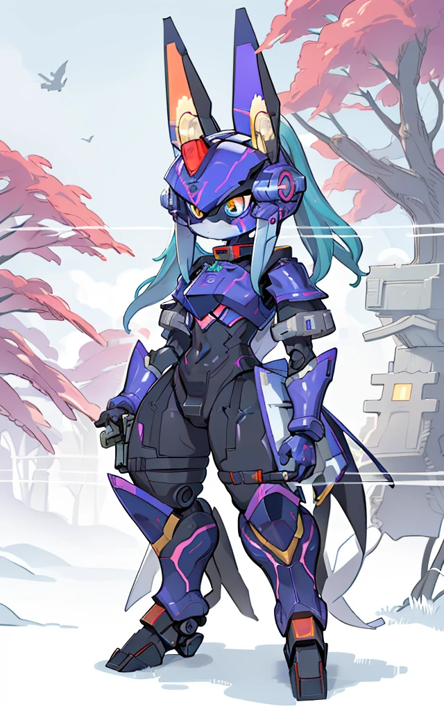 Cartoon image of robot rabbit holding gun, mecha cyber armor, Cool mech style, mechasuit, Full robot full body mecha suit, cyber fight armor, wearing cyber armor, anime mecha armor, Purple armor, Complex assassin mecha, Mecha Inspiration