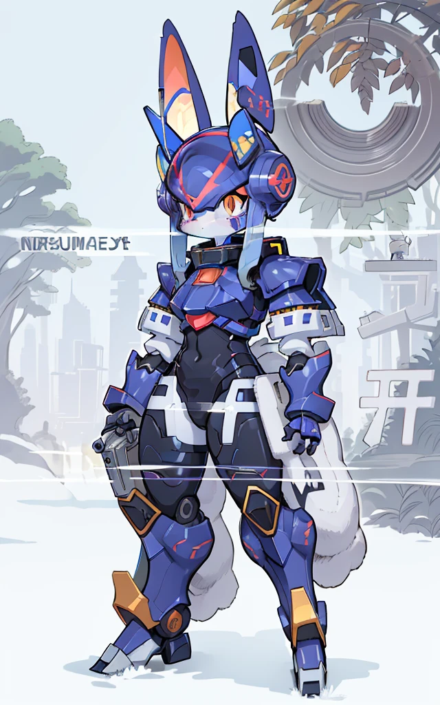Cartoon image of robot rabbit holding gun, mecha cyber armor, Cool mech style, mechasuit, Full robot full body mecha suit, cyber fight armor, wearing cyber armor, anime mecha armor, Purple armor, Complex assassin mecha, Mecha Inspiration