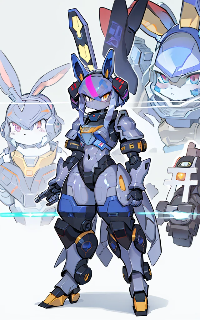 Cartoon image of robot rabbit holding gun, mecha cyber armor, Cool mech style, mechasuit, Full robot full body mecha suit, cyber fight armor, wearing cyber armor, anime mecha armor, Purple armor, Complex assassin mecha, Mecha Inspiration