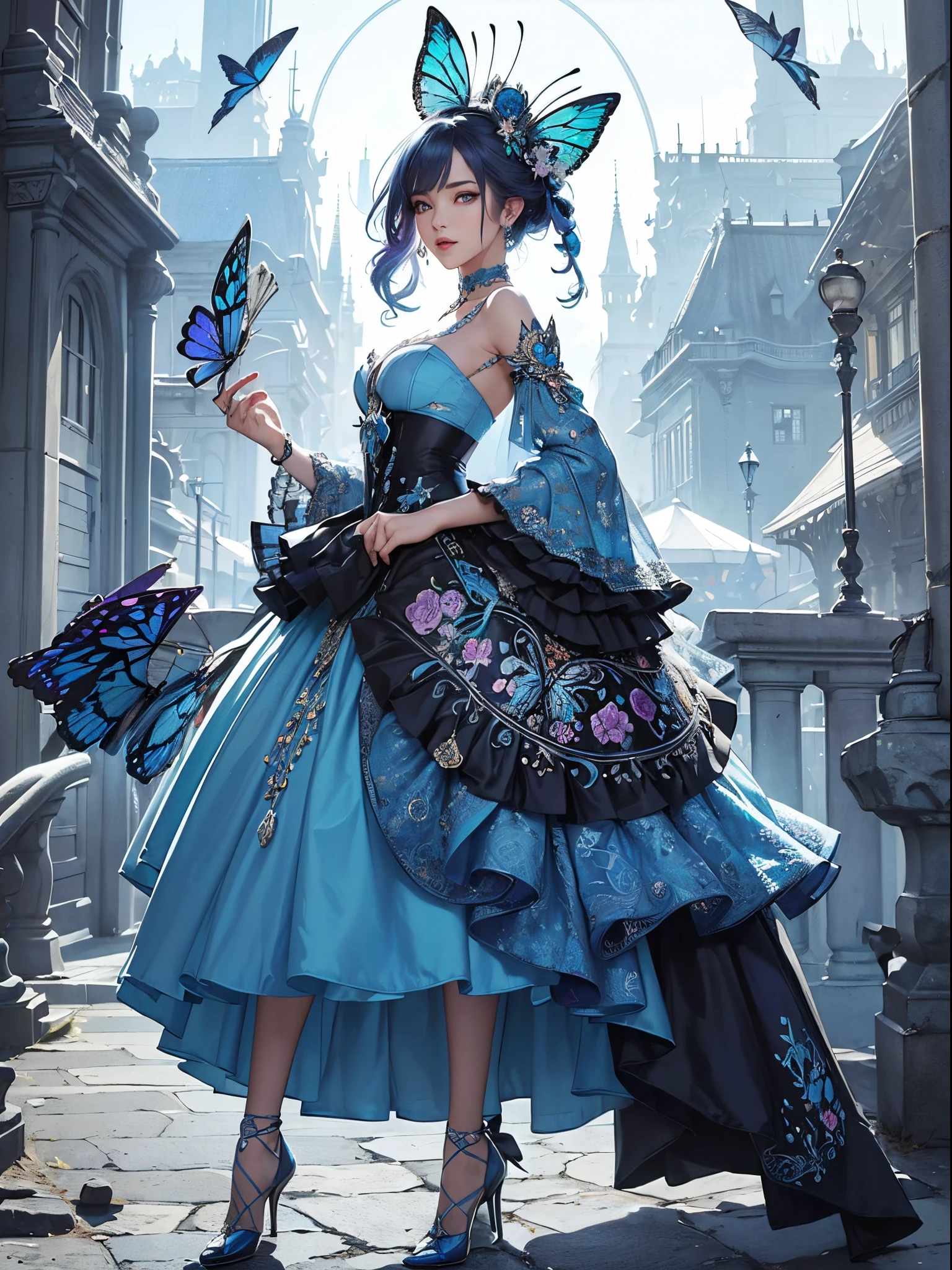 Butterfly motif、blue and silver tones、Vibrant colors、((​masterpiece)))、(((top-quality)))、((ultra-detailliert))、(A hyper-realistic)、(highly detailed CGillustration）、From the right side、Official art、Copenhagen at the beginning of the 20th century、Decadent、Madame Papillon、Cool Beauty、Masquerade、refinement、Elegance、Gorgeous、Masks that cover most of the face、Colorful and detailed mask design、matchless beauty、Fans、gorgeous dress、jewely、female solo、Perfect Angle、perfect-composition、full body Esbian