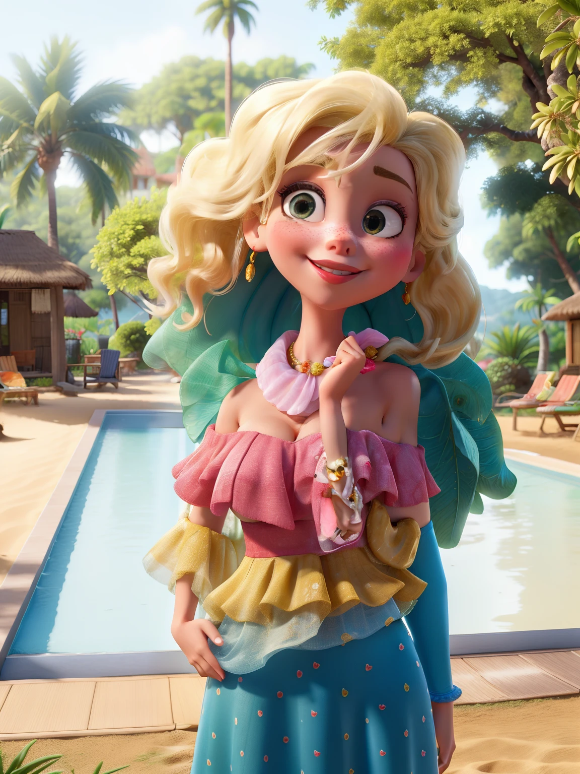 mulher blonde, praia, sbikini, decote, vaidosa, vestido rosa, batom vermelho, large lips, uma personagem alegre no estilo Disney Pixar