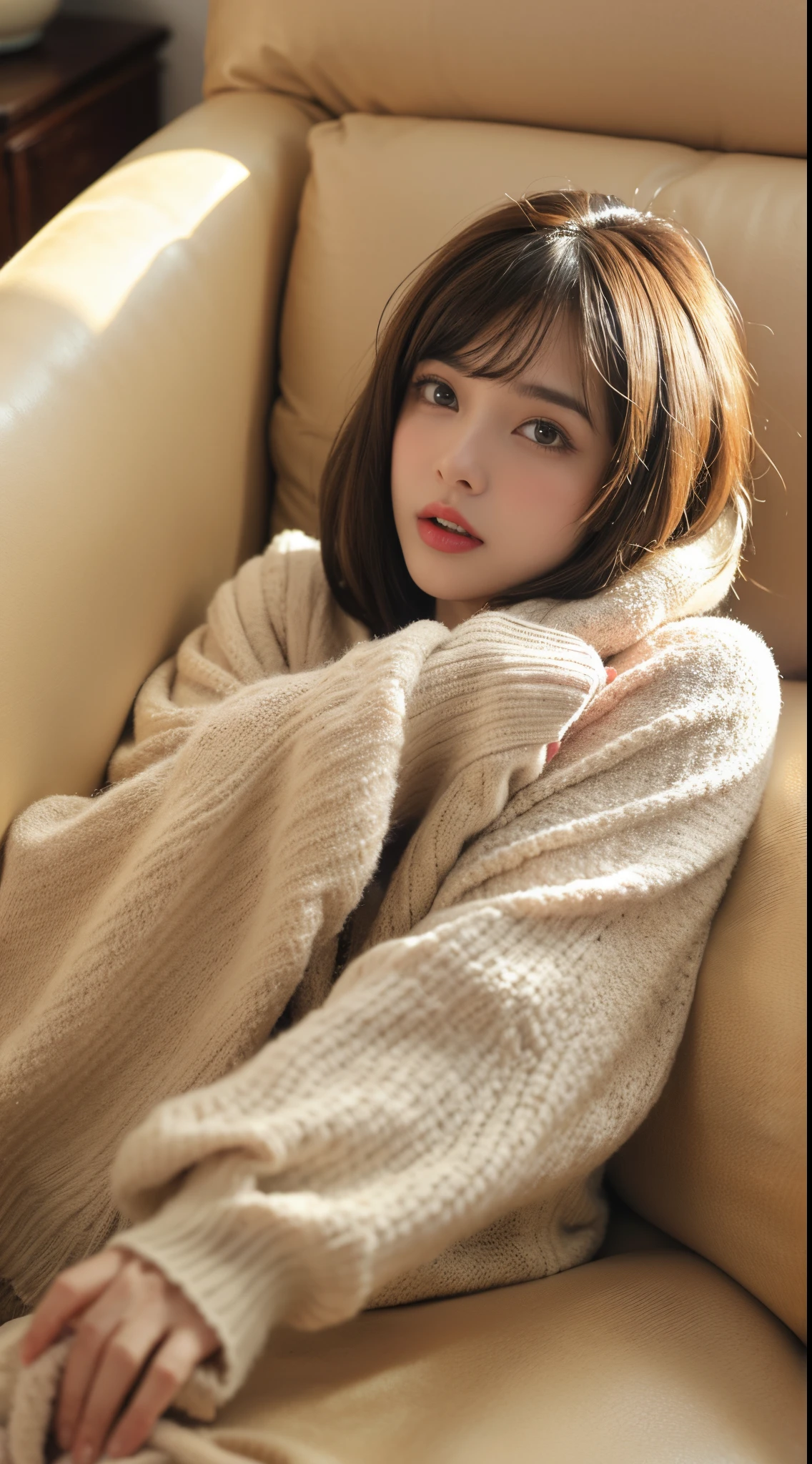 Girl with short brown hair lying on the sofa,covered with blanket,wear a sweater,Clear eyes,(Look down at the audience:0.8),Loose sleeves,with her mouth open,through bangs,White sleeves,whitegloves,blue hairs,Skin glows,(tmasterpiece;1.0), (真实感:1.4), (soft focus:1.2)