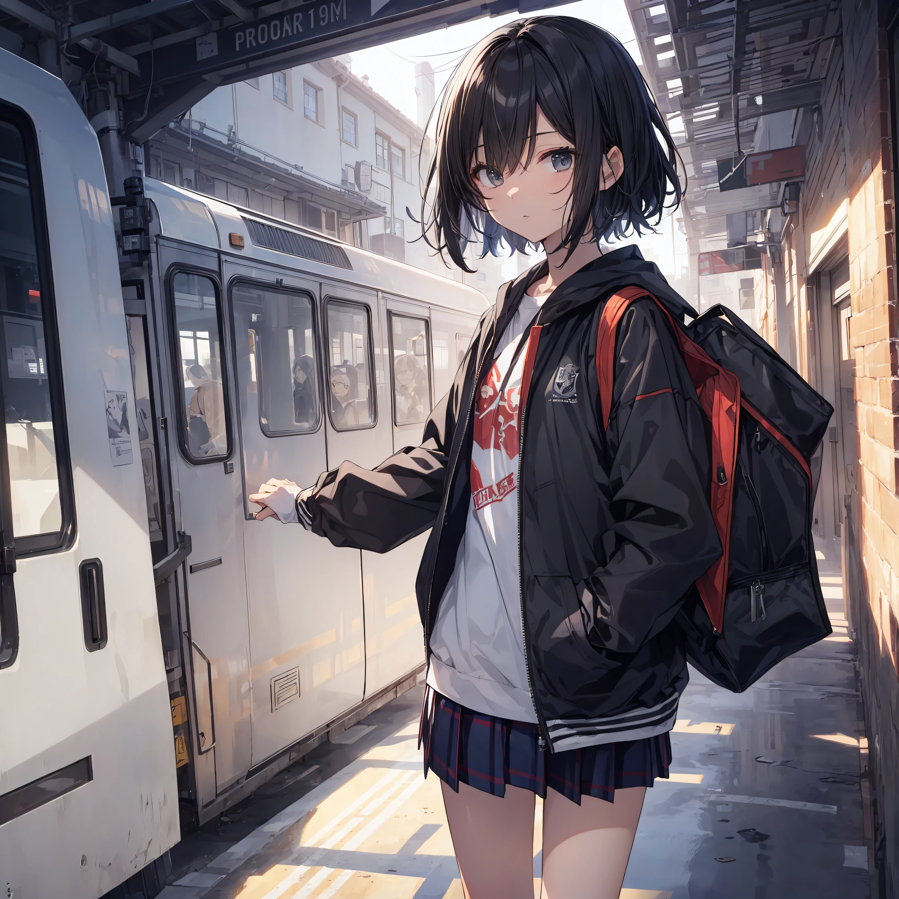 God quality, anime moe artstyle,best anime 8k konachan wallpaper,badass anime 8k,perfect anatomy, (Please draw a girl walking sleepily to school. ),break, 1girl, (Solo,Loli,,13-ye-ol3),a ior high sctudent, androgynous (Very Short hair), Full limbs, complete fingers,flat chest, Small butt, groin, Small eyes,finely detailed beautiful black eyes,disgusted eyes,hair over one eye, school Uniform, in the School commute route. break,ultra-detailed,high resolution,super detailed skin, professional lighting,8k eye details, (cool illustration:1.2),