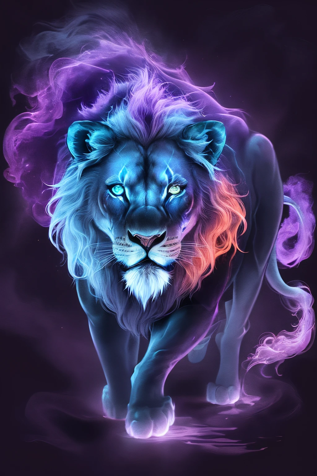 bioluminescent lion made of orange|crimson|purple smoke dark blue|Lilac background