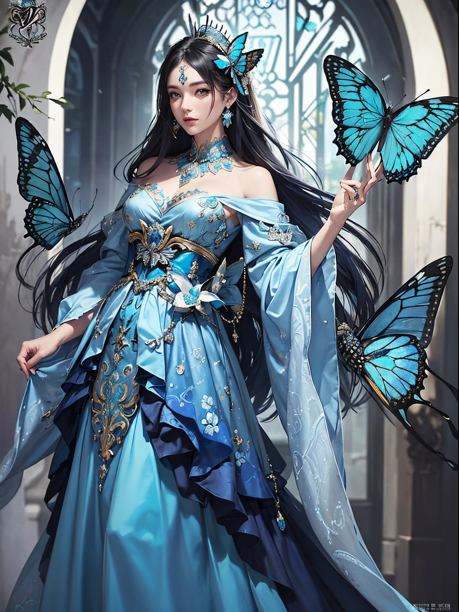 Butterfly motif、blue and silver tones、Vibrant colors、((​masterpiece)))、(((top-quality)))、((ultra-detailliert))、(A hyper-realistic)、(highly detailed CGillustration）、From the right side、Official art、Petersburg at the beginning of the 20th century、Decadent、Madame Papillon、Cool Beauty、Masquerade、refinement、Elegance、Gorgeous、Masks that cover most of the face、Colorful and detailed mask design、matchless beauty、Fans、gorgeous dress、jewely、female solo、Perfect Angle、perfect-composition、full body Esbian