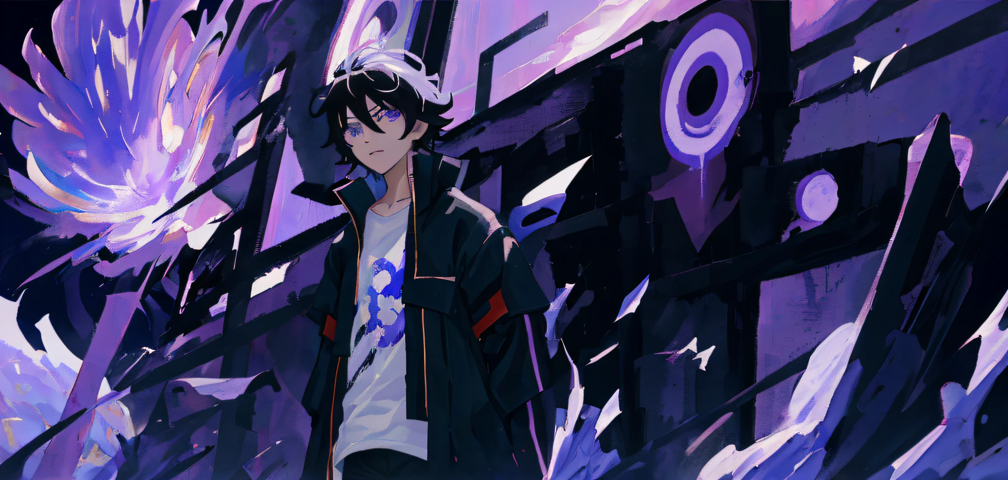 painting of a man in a black jacket and white shirt standing in front of a purple and black background, zerochan art, epic anime style, inspired by Okumura Masanobu, anime epic artwork, ufotable art style, anime abstract art, made with anime painter studio, advanced digital anime art ”, solo leveling anime, visible purple aura.