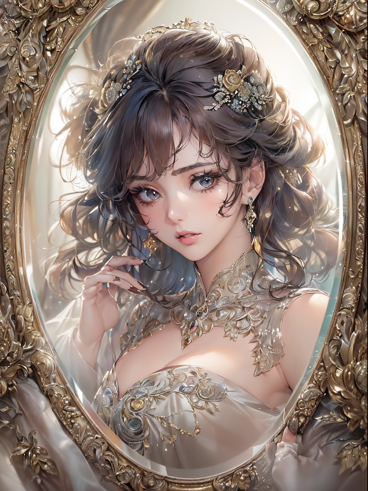 (Ultra-high resolution、Highest quality)、(Highly detailed skin)、(short hair)、(Firm big breasts:1.5)、(Small nipples)、(((slender body)))、((Disheveled luxury see-through mini dress))、((half undressed))、Exposing shoulders、Bare shoulders、(Wearing gorgeous accessories)、(Thin eyebrows)、((Intricate filigree work))、((sexy))、Bedroom、Lying in bed、cushion、pillow、