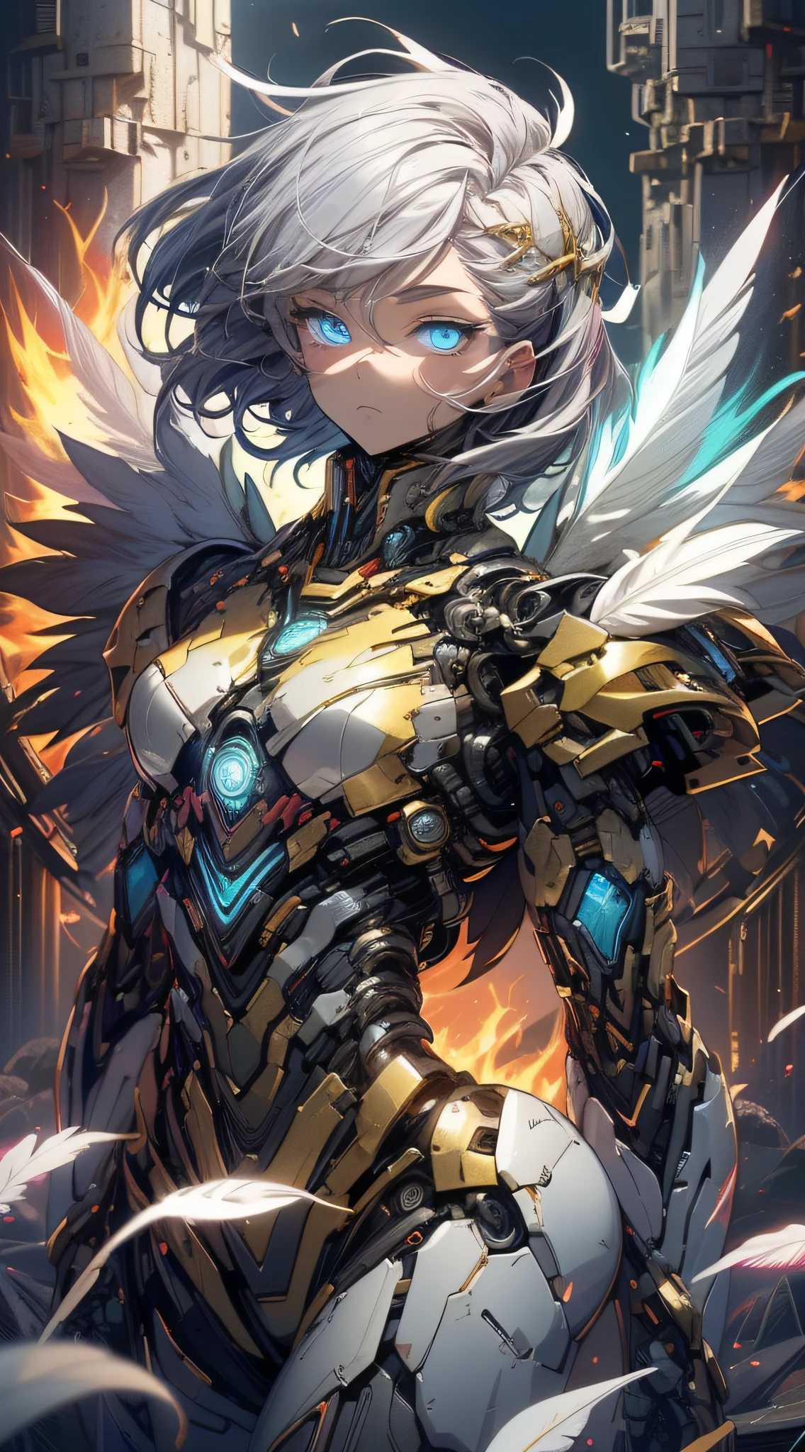 top-quality、Top image quality、​masterpiece、girl with((red and blue mechanical body armor、red mechanic arm、purple leg arms、Shining gold body line、sixteen years old、teen ager、cute little、Best Bust、big bast,Beautiful light blue eyes、Breasts wide open, Purple hair、silver flight unit,Semi-long、A slender,Large valleys、belligerent movements,glowing whip、)),hiquality、Beautiful Art、Background with((Midnight City、Pillar of fire、fluttering white feathers)))、Depth((Black Giant Robot)),masutepiece、depth of fields,Cinematic style