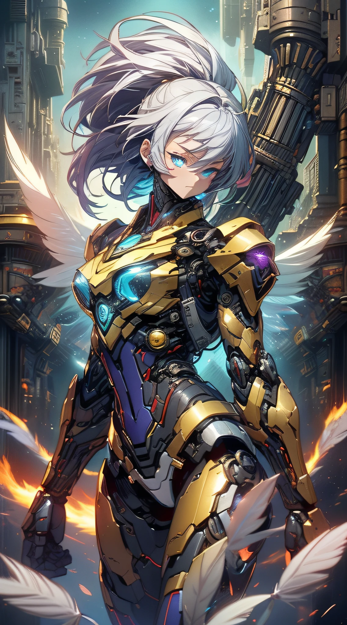 top-quality、Top image quality、masterpiece、girl with((red and blue mechanical body armor、red mechanic arm、purple leg arms、Shining gold body line、、teen ager、cute lit Bust、big bast,Beautiful light blue eyes、Breasts wide open, Purple hair、silver flight unit,Semi-long、A slender,Large valleys、belligerent movements,glowing whip、)),hiquality、Beautiful Art、Background with((Midnight City、Pillar of fire、fluttering white feathers)))、Depth((Black Giant Robot)),masutepiece、depth of fields,Cinematic style
