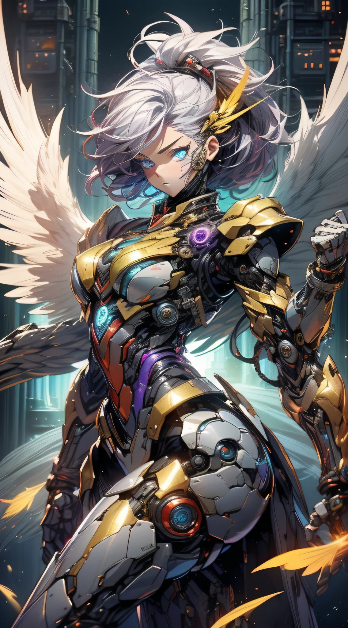 top-quality、Top image quality、masterpiece、girl with((red and blue mechanical body armor、red mechanic arm、purple leg arms、Shining gold body line、sixteen years old、teen ager、cute little、Best Bust、big bast,Beautiful light blue eyes、Breasts wide open, Purple hair、silver flight unit,Semi-long、A slender,Large valleys、belligerent movements,glowing whip、)),hiquality、Beautiful Art、Background with((Midnight City、Pillar of fire、fluttering white feathers)))、Depth((Black Giant Robot)),masutepiece、depth of fields,Cinematic style