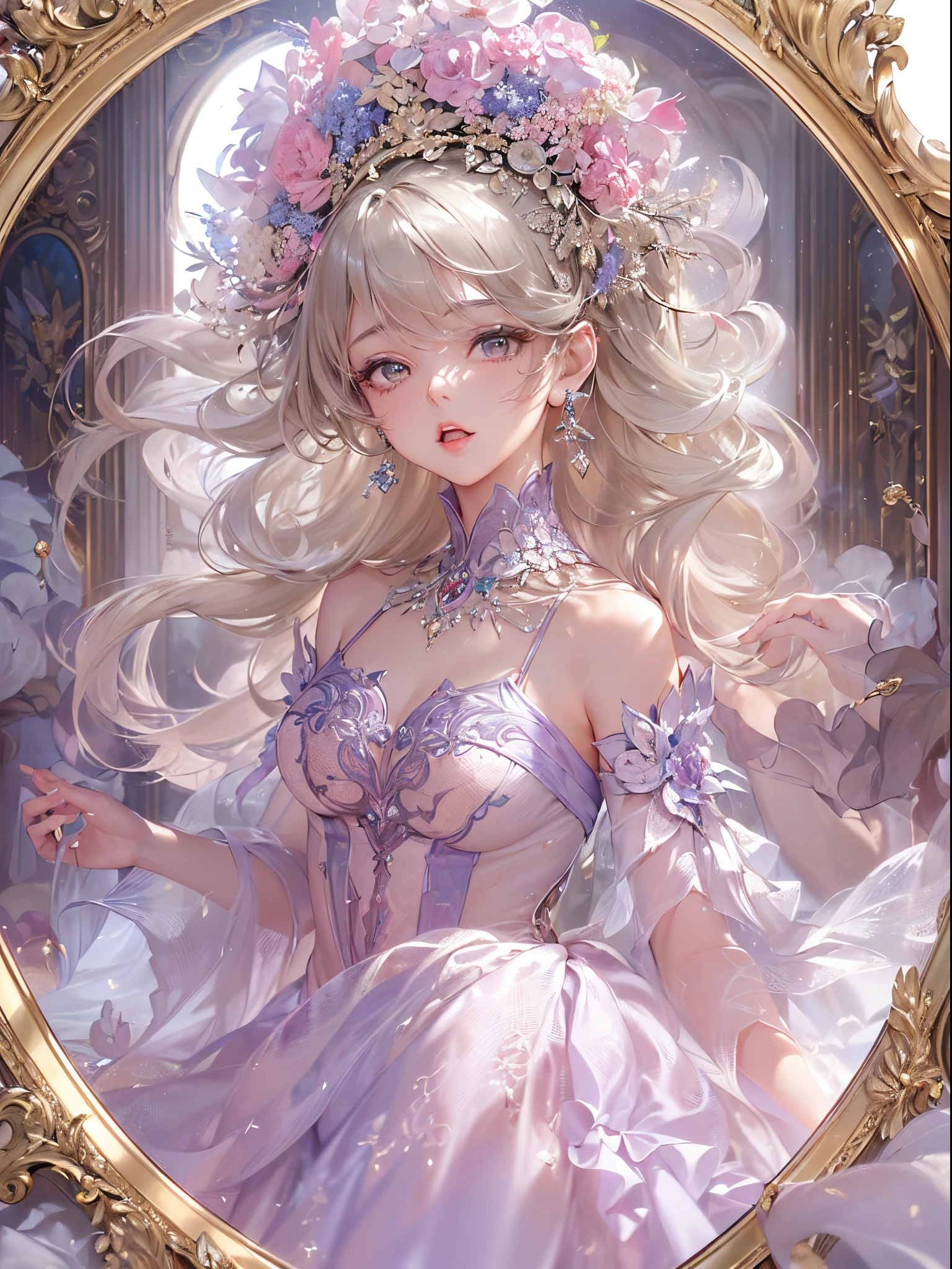 ((Finest quality)),(超A high resolution),(ultra-detailliert),(Meticulous portrayal),((Best Anime)),(Finest works of art),Ultra-Precision Art,The art of astounding depiction,Overwhelming descriptive power:1.5, (Woman Trapped in a Mirror:1.5),(Beautiful face with dense and detailed details:1.5),(Luxurious dresses:1.6),
