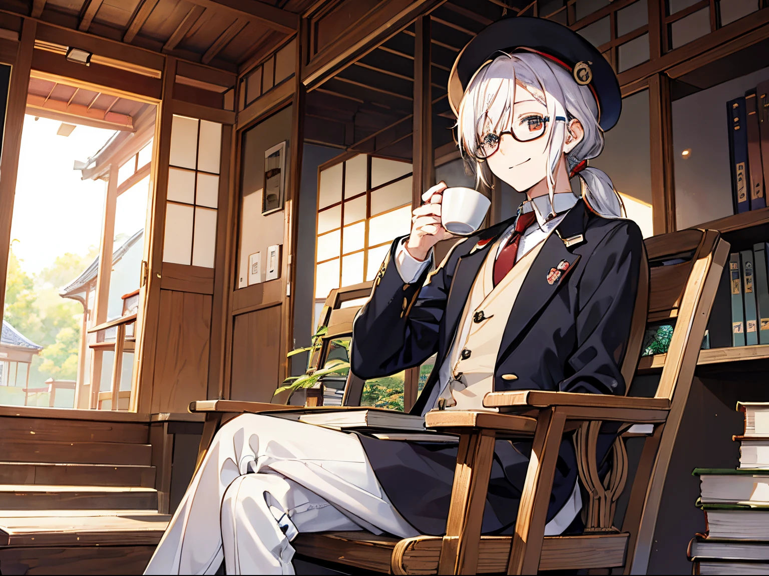 （masutepiece）（high-detail）Japan male teenager、1人、He wears round glasses with no rims、white  hair、poneyTail、tailcoat、neck tie、Hats、Veranda of the lodge、Sit in a wooden rocking chair、a smile、Coffee cup in one hand、Books on the desk