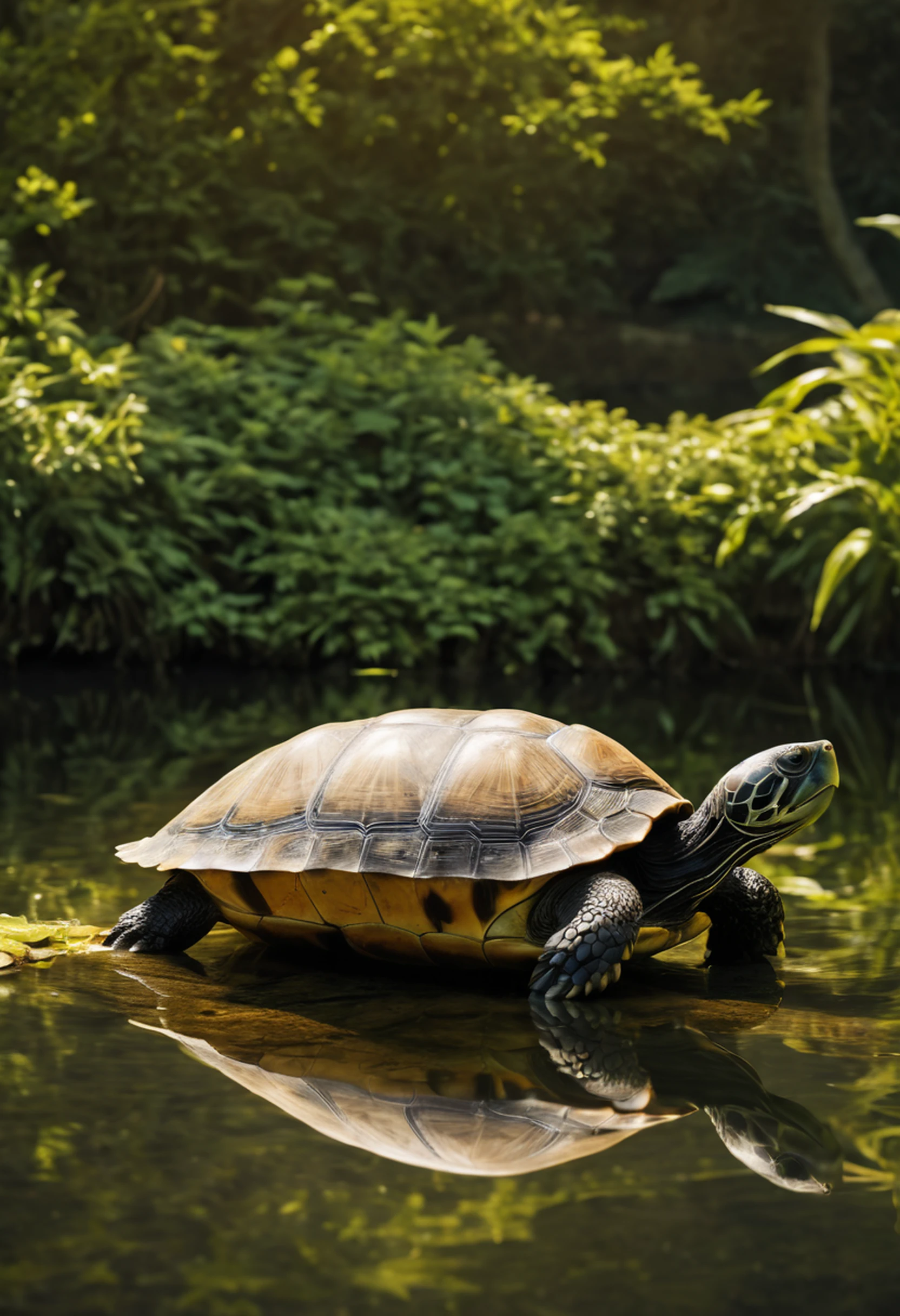 In a realm where fantasy and reality intertwine, a humanoid turtle strides with an air of regal majesty, embodying the fusion of human and reptilian traits. Its powerful, armored form exudes an aura of strength and resilience, while its intelligent gaze reflects a deep well of wisdom. This extraordinary being, with its ... humanoid features and unmistakable turtle heritage, creates a visually captivating and thought-provoking scene that blurs the boundaries between myth and reality, evoking a sense of wonder and fascination.