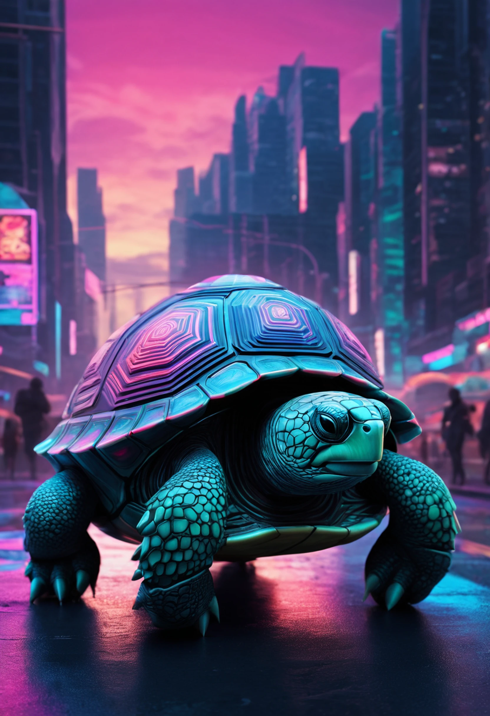 In a futuristic world, a remarkable sight unfolds as a sleek and technologically advanced turtle glides through a shimmering, neon-lit cityscape. This futuristic turtle, adorned with intricate cybernetic enhancements and a streamlined shell, exudes an air of innovation and progress. Its presence in this cutting-edge environment creates a visually captivating and thought-provoking scene that embodies the fusion of nature and technology in a futuristic setting.