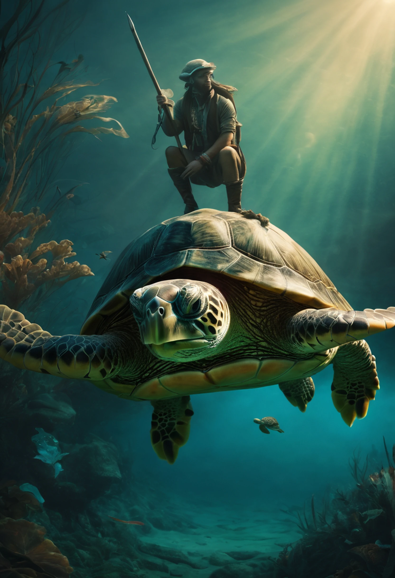 In a realm where fantasy and reality intertwine, a humanoid turtle strides with an air of regal majesty, embodying the fusion of human and reptilian traits. Its powerful, armored form exudes an aura of strength and resilience, while its intelligent gaze reflects a deep well of wisdom. This extraordinary being, with its ... humanoid features and unmistakable turtle heritage, creates a visually captivating and thought-provoking scene that blurs the boundaries between myth and reality, evoking a sense of wonder and fascination.