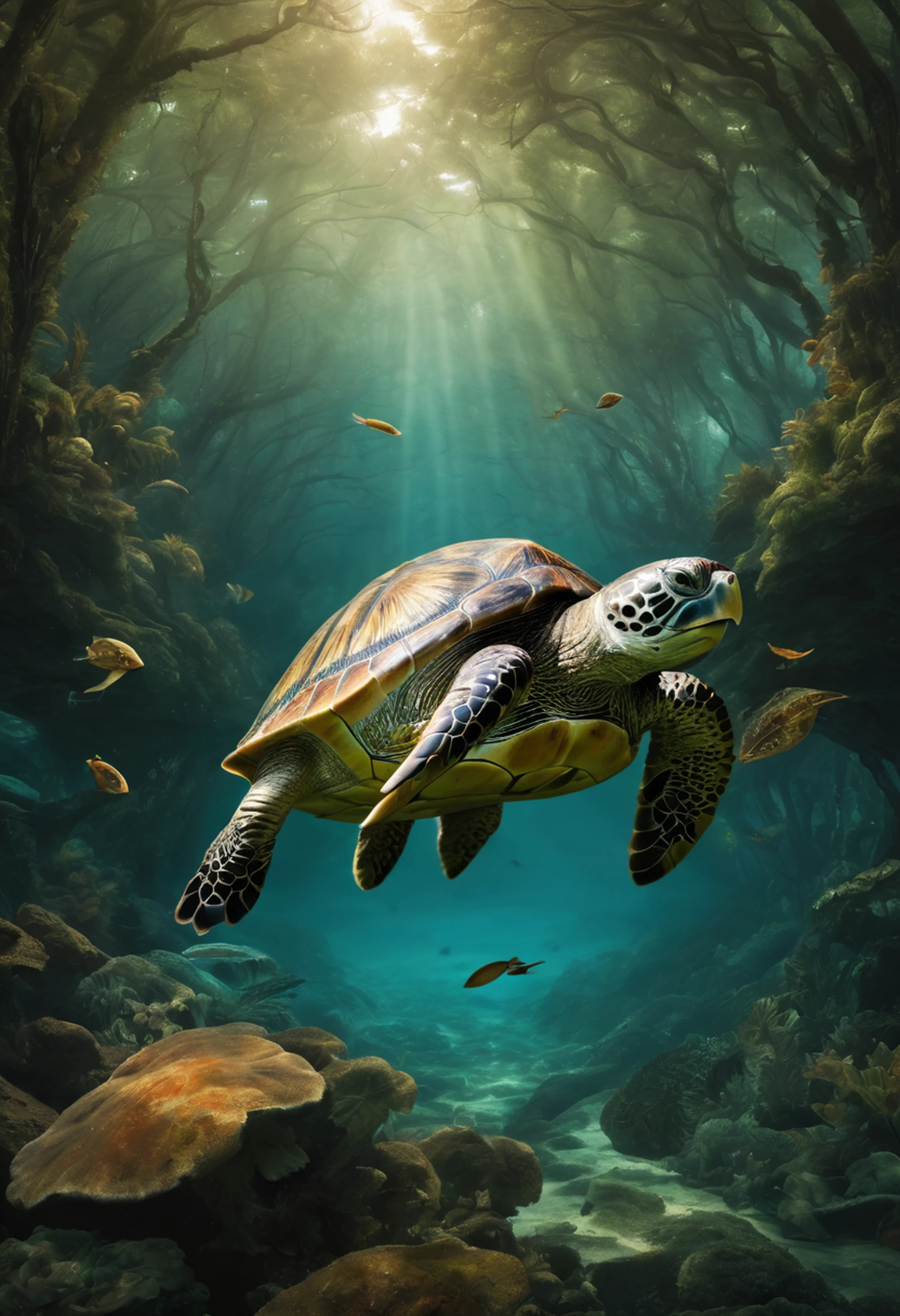 In a fantastical realm, a wondrous transformation takes place as a turtle assumes the form of a human, blending the grace of the turtle with the stature of humanity. This extraordinary being, with hints of its turtle origins in its features and demeanor, exudes an air of enigmatic wisdom and timeless resilience. Its presence in this mystical setting creates a visually captivating and thought-provoking scene that blurs the boundaries between the natural world and the realm of imagination.