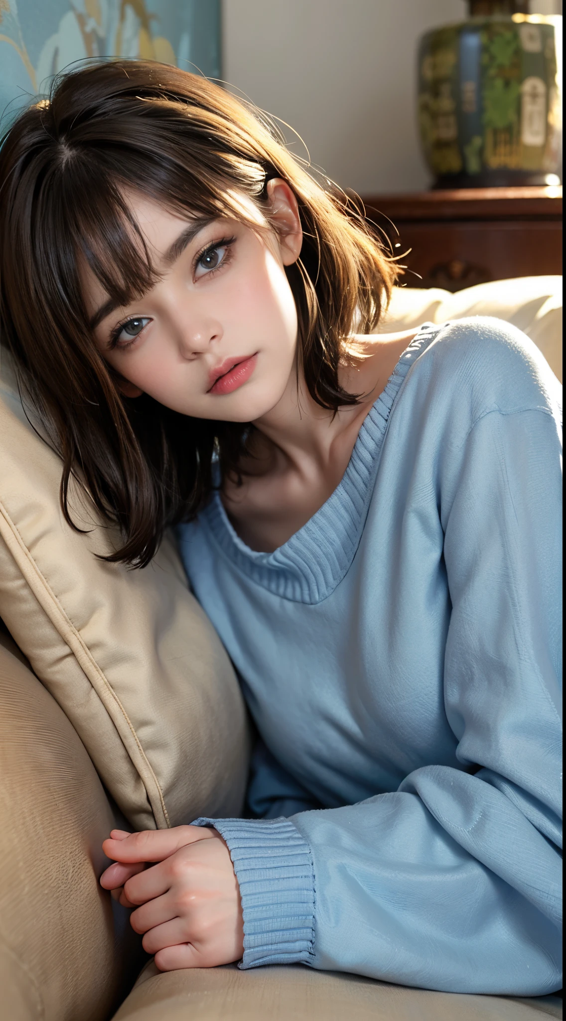 Girl with short brown hair lying on the sofa，covered with blanket，wear a sweater，Clear  eyes，（looking down at viewer：0.8），Loose sleeves，with her mouth open，through bangs，White sleeves，whitegloves，blue hairs，Skin glows，（tmasterpiece;1.0), (真实感:1.4), (soft focus:1.2)
