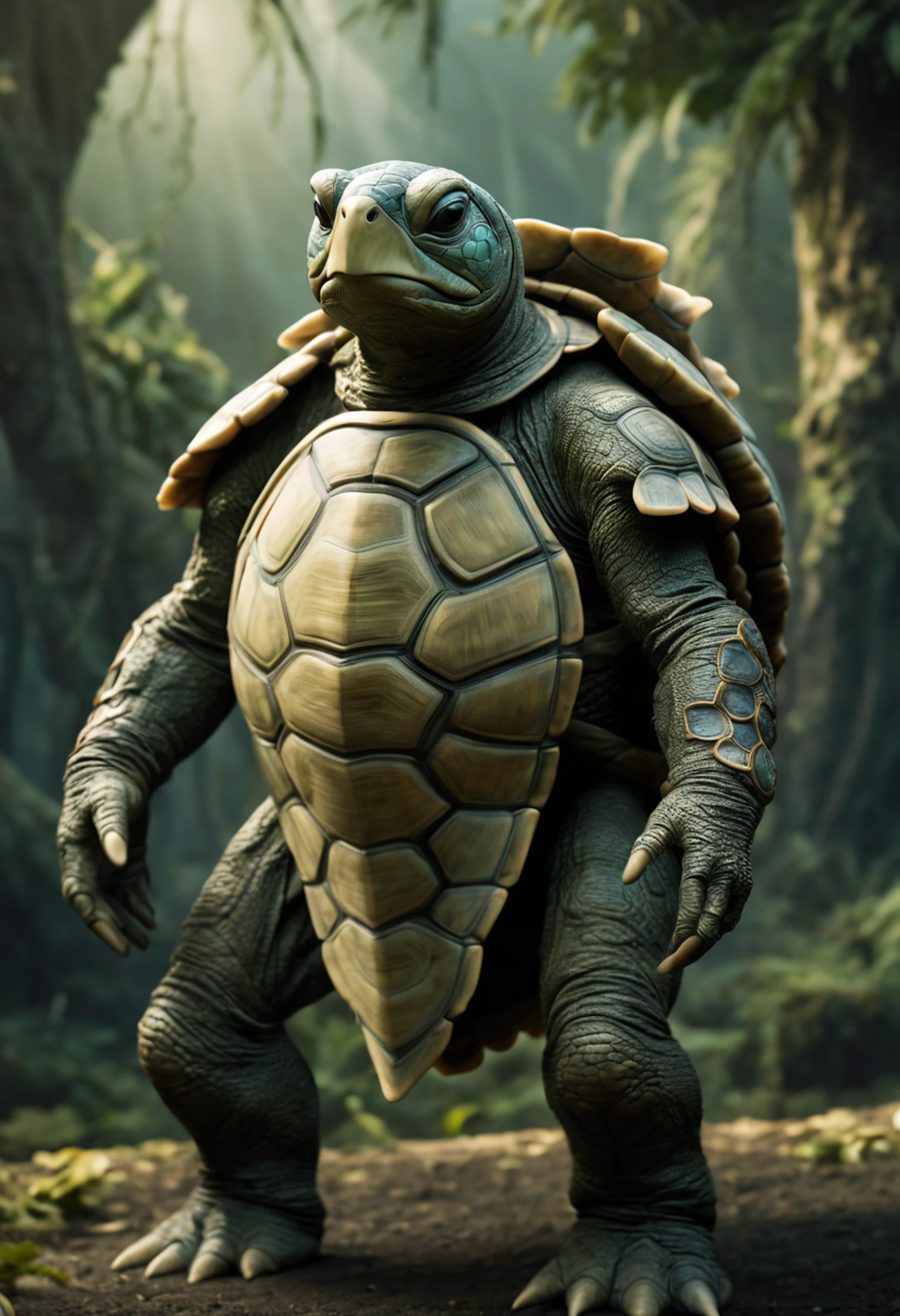 In a realm where fantasy and reality intertwine, a humanoid turtle strides with an air of regal majesty, embodying the fusion of human and reptilian traits. Its powerful, armored form exudes an aura of strength and resilience, while its intelligent gaze reflects a deep well of wisdom. This extraordinary being, with its ... humanoid features and unmistakable turtle heritage, creates a visually captivating and thought-provoking scene that blurs the boundaries between myth and reality, evoking a sense of wonder and fascination.