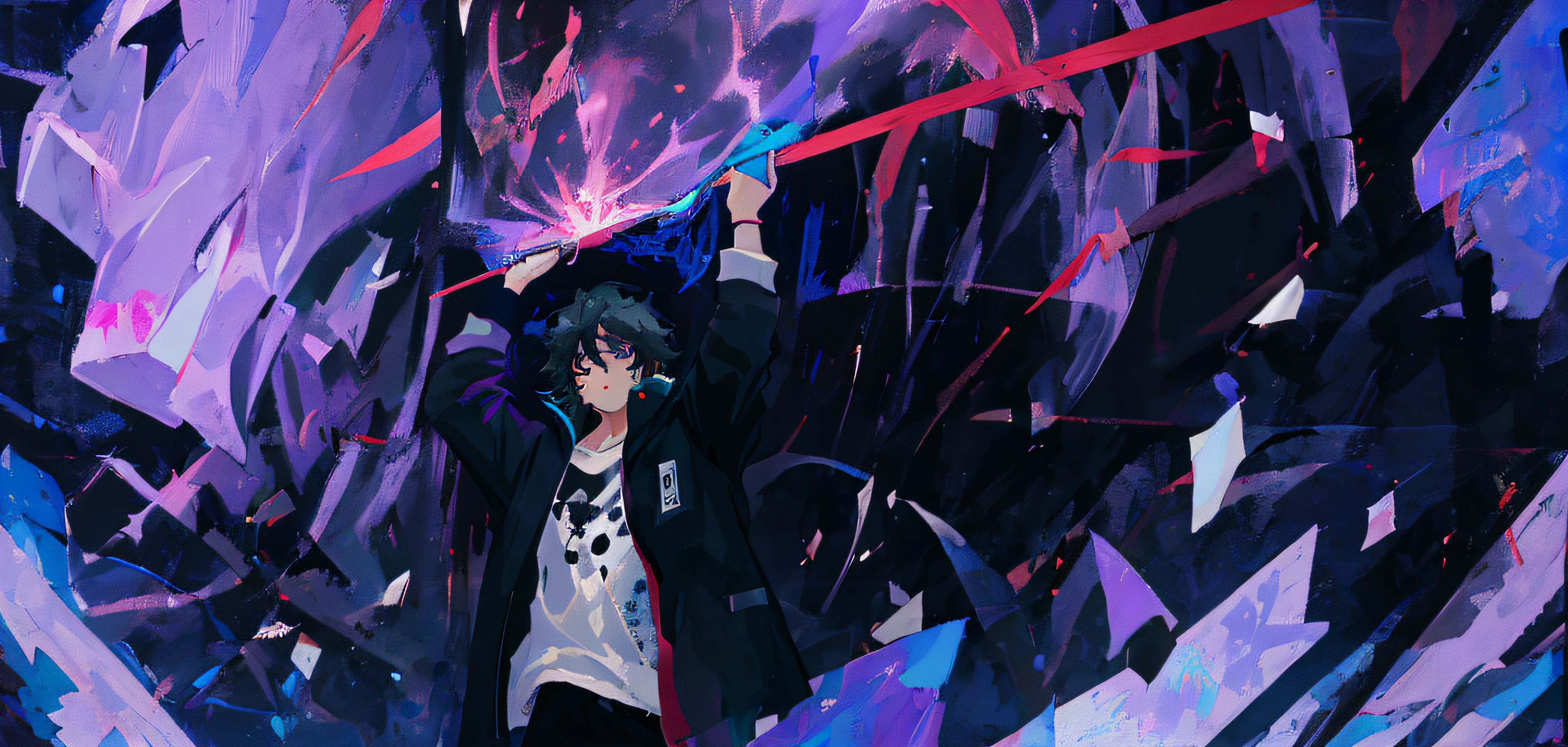 painting of a man in a black jacket and white shirt standing in front of a purple and black background, zerochan art, epic anime style, inspired by Okumura Masanobu, anime epic artwork, ufotable art style, anime abstract art, made with anime painter studio, advanced digital anime art , solo leveling anime, man standing in over coat and producing immense aura
