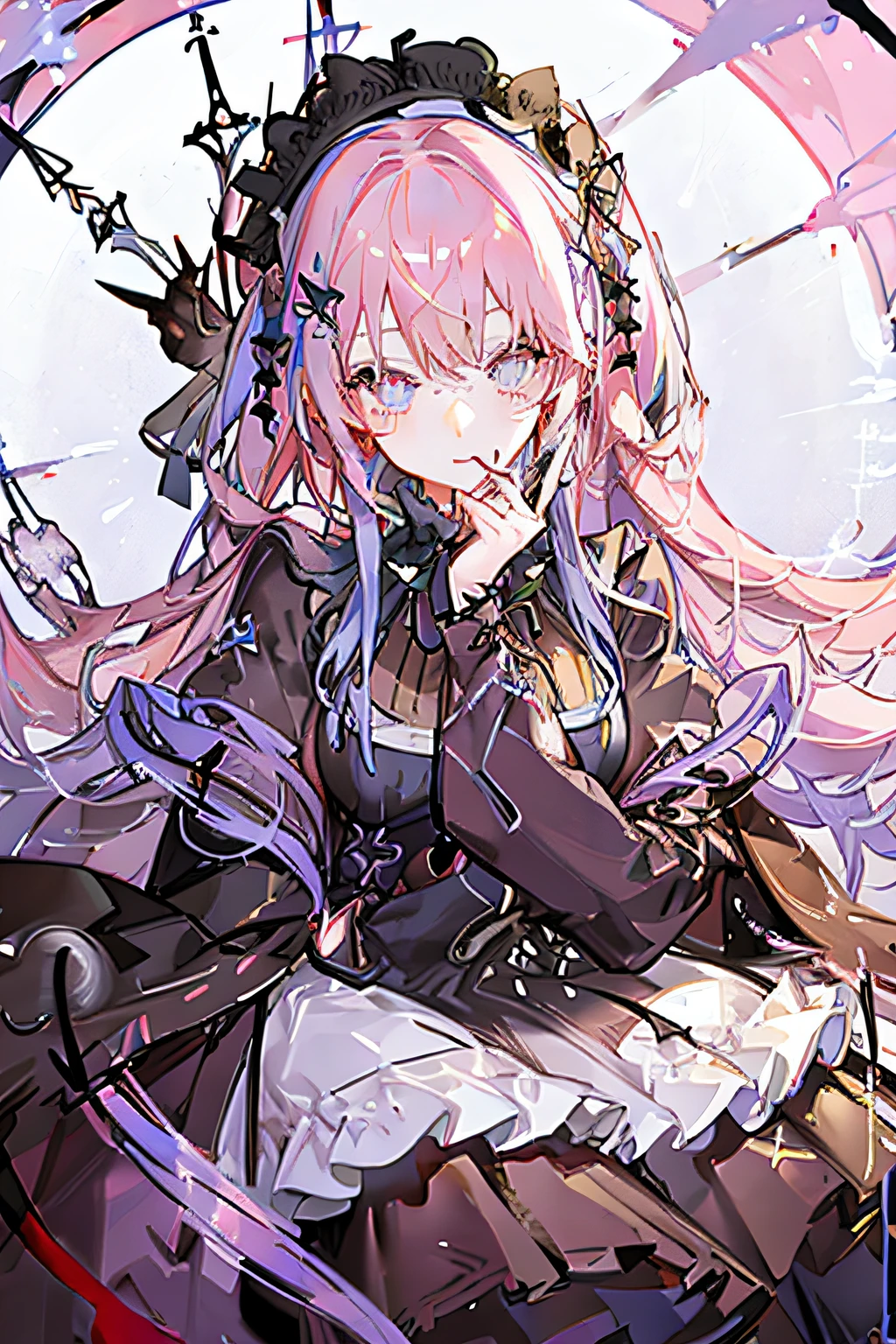 ​masterpiece、Delicate depiction、starrysky、sorcerer、magic circles、colourfull、Gothic ta、Pink hair、Long