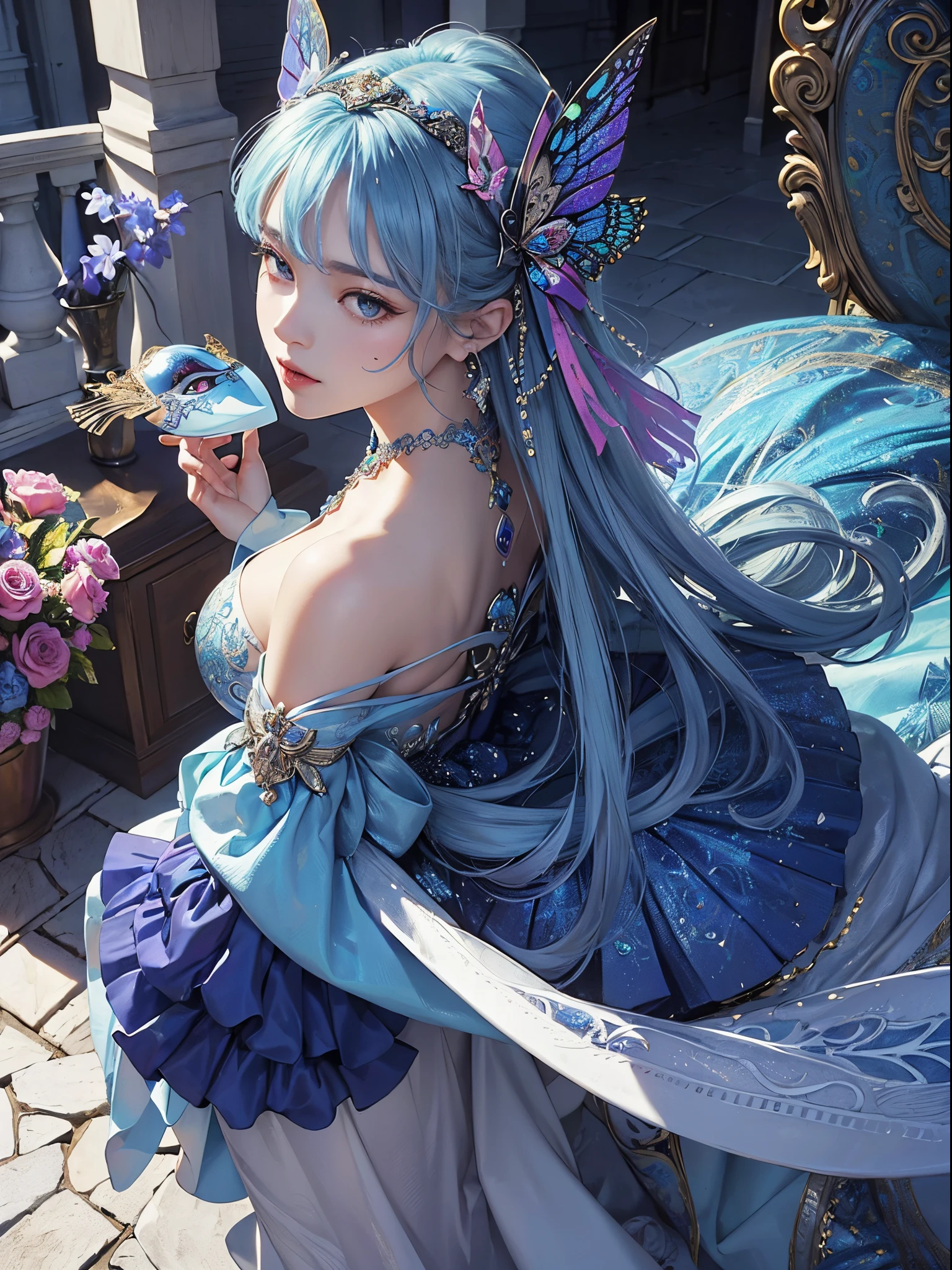 Butterfly motif、platinum tone、Vibrant colors、((masterpiece)))、(((top-quality)))、((ultra-detailliert))、(A hyper-realistic)、(highly detailed CGillustration)、From the right side、Official art、Moscow at the beginning of the 20th century、Kremlin、Decadent、Madame Papillon、anastasia、Cool Beauty、Masquerade、refinement、Elegance、Gorgeous、Masks that cover most of the face、Colorful and detailed mask design、matchless beauty、Fans、gorgeous dress、jewely、female solo、Perfect Angle、perfect-composition、full body Esbian