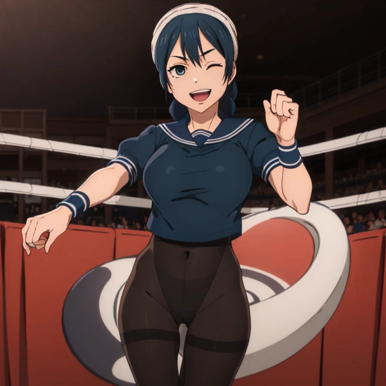 masterpiece,highres,high quality,extremely detailed,solo
looking at viewer,smile,open mouth,one eye closed,
RikoAmanai,1girl,
single braid,
head scarf,
serafuku,blue ribbon,
, (Fighting sexy pose), (Wrestling ring), (Big tits), (Wide Hips),
pantyhose,
stylish_pose,Smelly socks