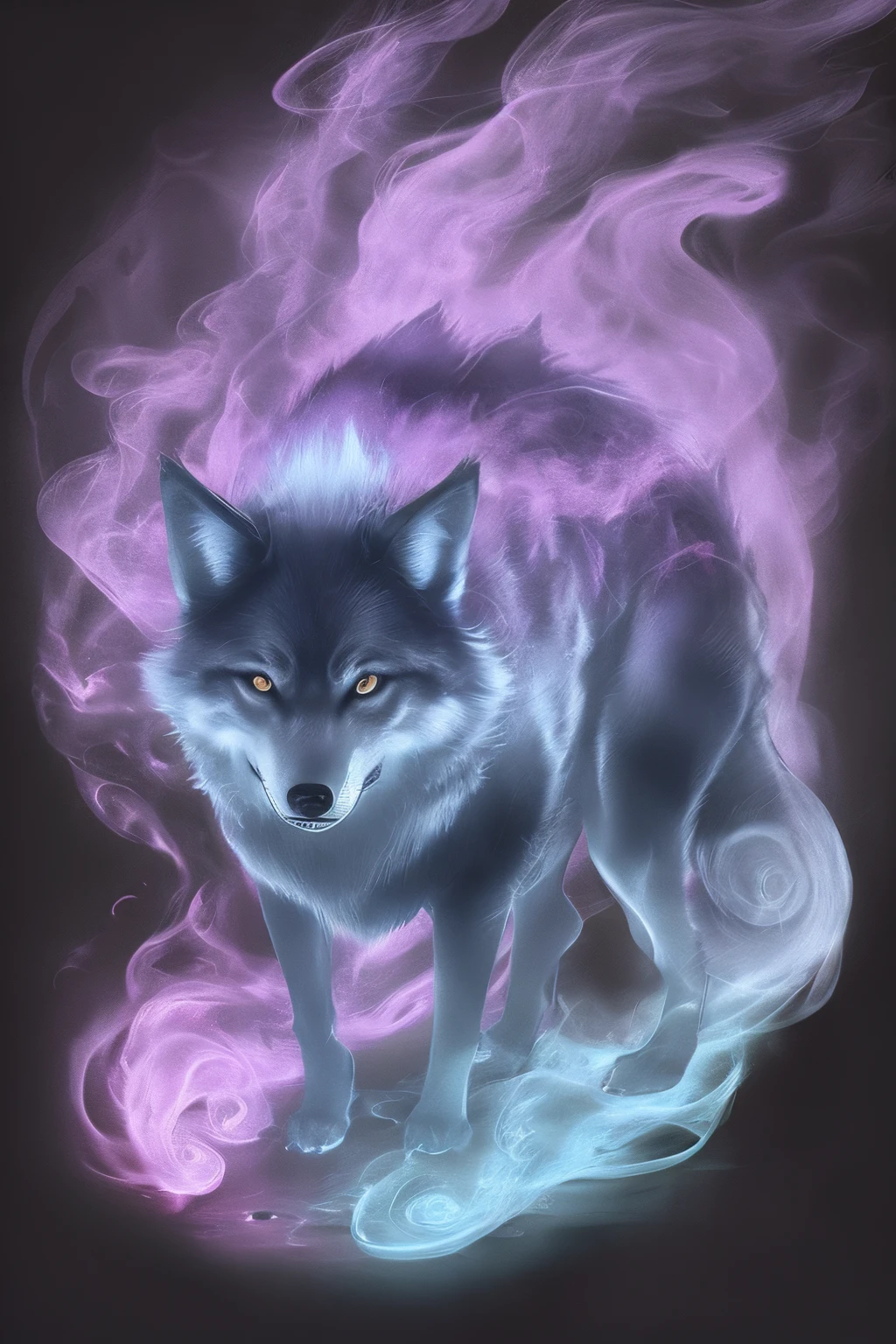 bioluminescent wolf made of orange|crimson|purple smoke dark blue|Lilac background