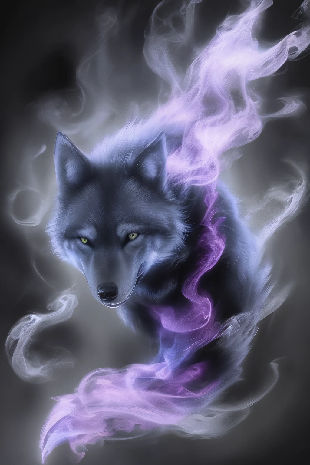 bioluminescent wolf made of orange|crimson|purple smoke dark blue|Lilac background