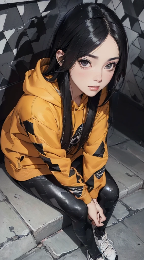 (((8k wallpaper of extremely detailed CG unit:1.2, ​masterpiece, hight resolution:1.2, top-quality:1.2, masutepiece))), ((a very beautiful woman, sitting with hands in pockets:1.4, Street fashion, wearing hoodies, Wearing leggings, Wearing shoes), ((extra detailed face, Contrasting eyes, Highly detailed black eyes:1.2, extra detailed body, Top quality real texture skins)), (A dark-haired, length hair, de pele branca, Small), ((colorful geometric pattern wall)), (high-angle:1.3), hyper realisitic, digitial painting,
