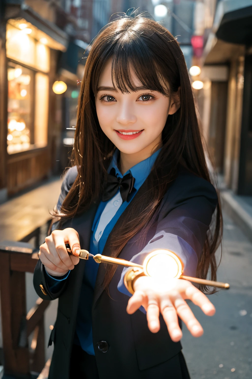 (Best Quality, Photorealistic, Top image quality:1.2) 1 girl cute magician, magic wand catch right hand, Wear light in your hands、Devil's Smile