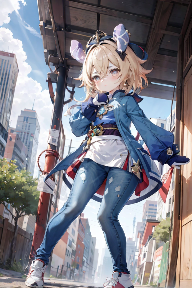 Melousine (genshin impact), masterpiece, bestquality,3 girl,young girl, pomelo buds, Ash Blonde, long-haired,unstable _Front,oily shiny skin,flat chest,nice leg line:1.3,thick thighs, thin-waist,, red_streaks_light_wrap_dress, white_platform_sneakers, woven_El_bag, straw_headgear, gold_hoop_earrings, jacket, long jeans city scenery,looking at the audience,From Top:1.2,dynamic angle