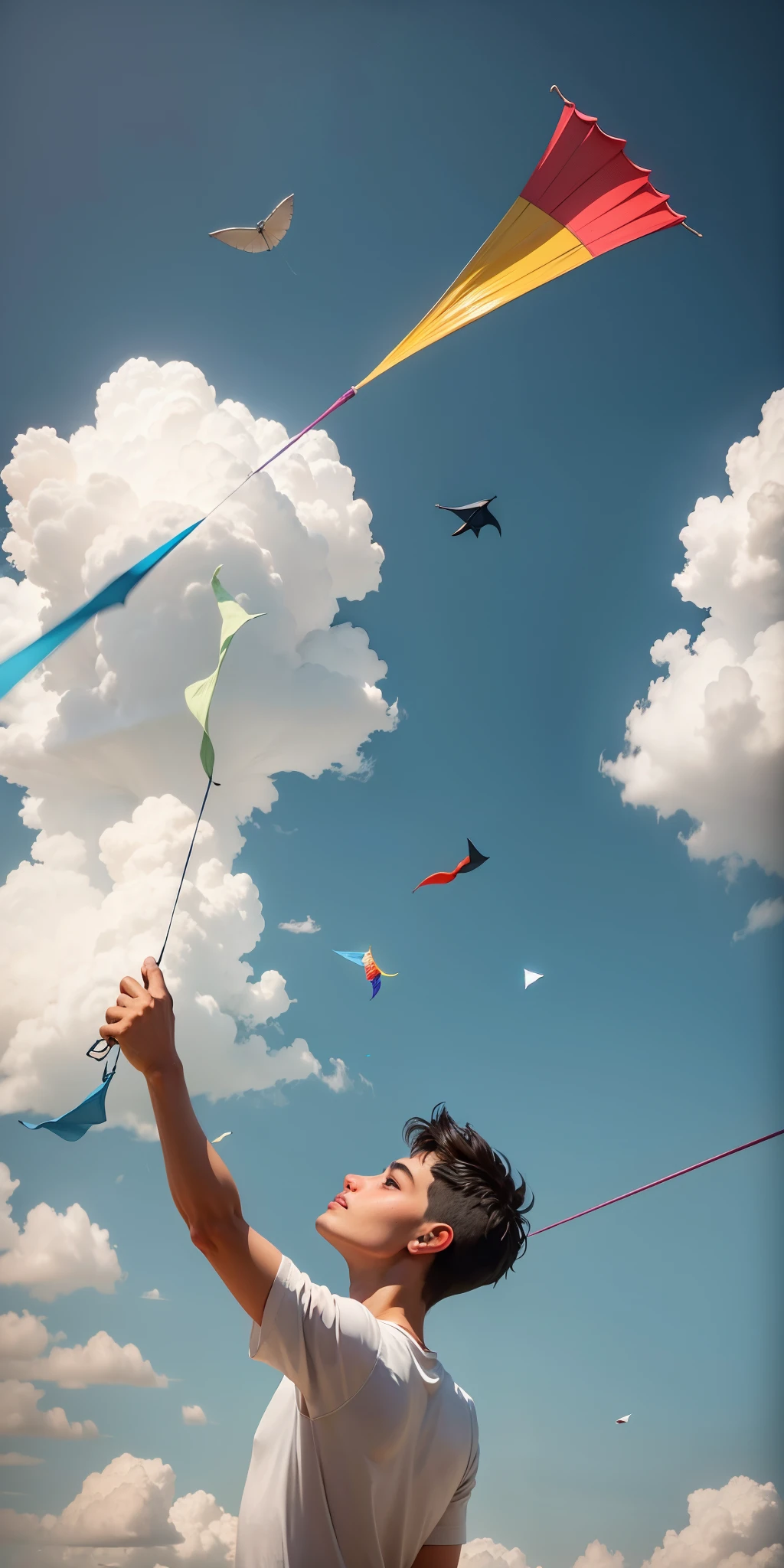 Many kites flying in th sky. One kite is flying a bit high with its string in the hands of a person. Other strings are detached. This person is guiding the kite. Giving an idea such that the guy is a coaching institute and the many kites are the aspirant and this one person is our coaching institute which guides people into the proper way.