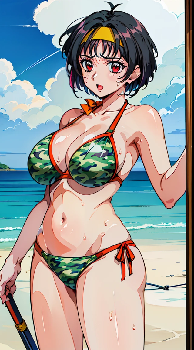 ((ryoko, red eyes, short hair, black hair, breasts, hairband)), Anime cel drawing style, Best Quality, High resolution,Sexy,Erotic,(Bikini with camouflage pattern:1.3), Huge breasts, ,(the beach:1.3), Cowboy Shot, blush, lightsmile, :o,(Mass sweat:1.4),(dynamicposes:1.3)