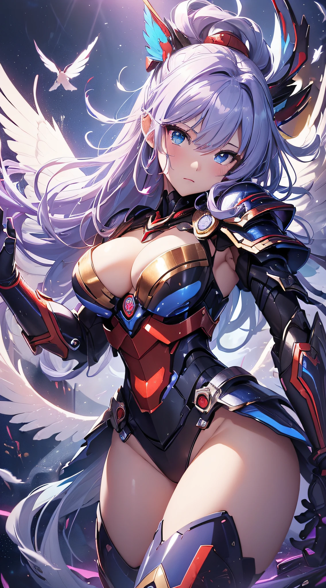 top-quality、Top image quality、masterpiece、girl with((red and blue mechanical body armor、red mechanic arm、purple leg arms、Shining gold body line、sixteen years old、 ager、cute little、Best Bust、big bast,Beautiful light blue eyes、Breasts wide open, Purple hair、silver flight unit,Semi-long、A slender,Large valleys、belligerent movements,glowing whip、)),hiquality、Beautiful Art、Background with((Midnight City、Pillar of fire、fluttering white feathers)))、Depth((Black Giant Robot)),masutepiece、depth of fields,Cinematic style