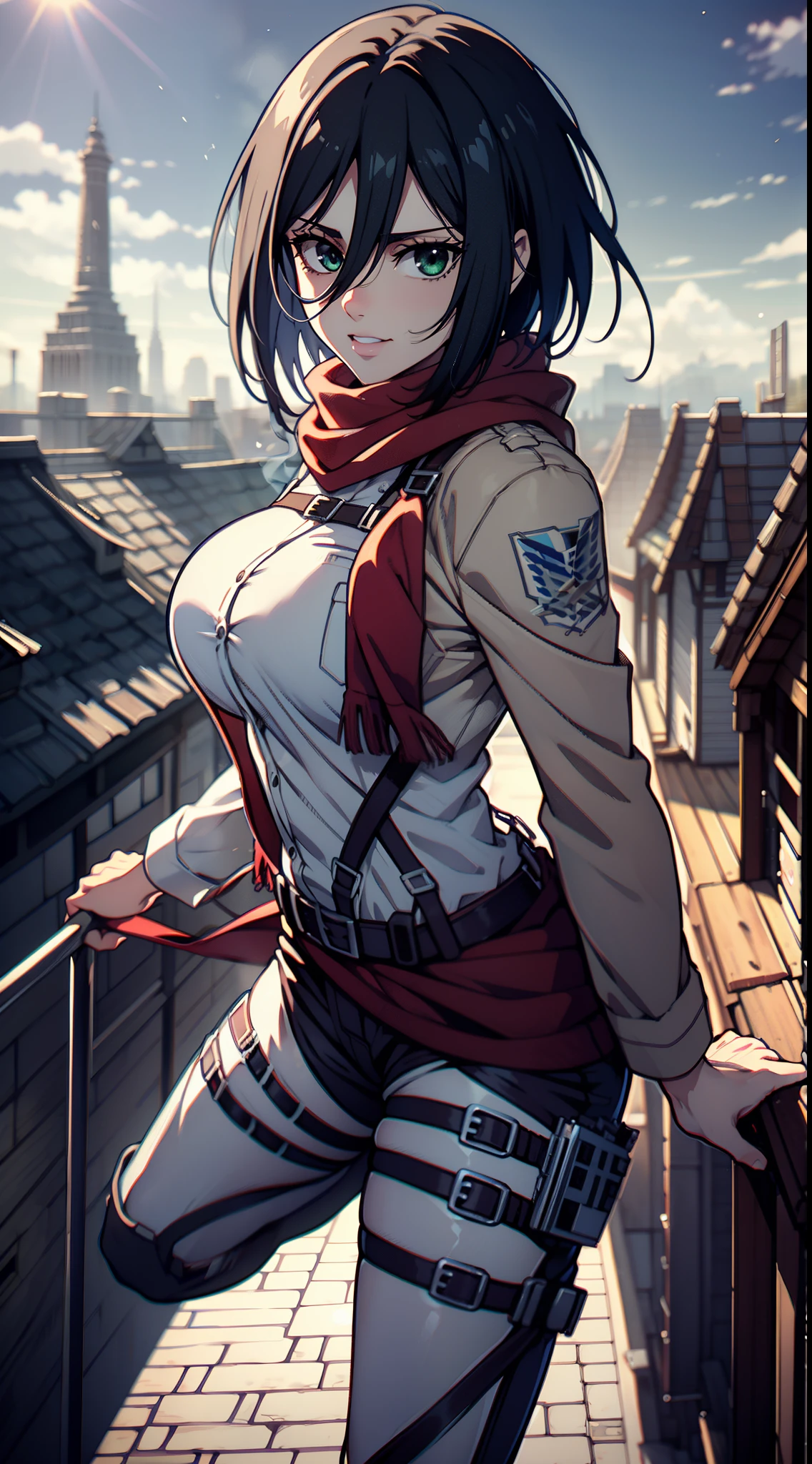 Frame from below, Photo below, view from bottom, Sexy, combat stance, half naked, shirt unbuttoned, Hesitate, Erotica, Super Epic Composition, aot style, Shingeki no Kyojin, mikasa ackerman, 1girl, in full height (Body Full 1.1), Hand strap, quiff, black  hair, Black pants, 가슴, green colored eyes, Hair between the eyes, turnstile, long sleeves, looks at the viewer, Average Breasts,, breeches, red scarf, a scarf, Shirt, Short Hair Hair, Roof of the city, roof, Sun, In the air, Holds blades in his hands, jump, Smoke, 独奏, hip belt, white  shirt, Scientific Research Building \(Emblem\), ((tmasterpiece)), beste-Qualit, Sex, hooligan, waist, legsupms, buttocks, 가슴, (Body Full 1.1), Camera from above, Frame from above, the night, Lights, looks at the viewer, ssmile, grin, criminal, laughting, Cool anime 8K, Clean and detailed anime art, 4K Manga Wallpapers, Подробный портрет Anime Girl, Anime 4K Style, Anime Art Wallpapers 4K, Anime Art Wallpaper 4K Masterpiece, Gorgeous, Best Quality,