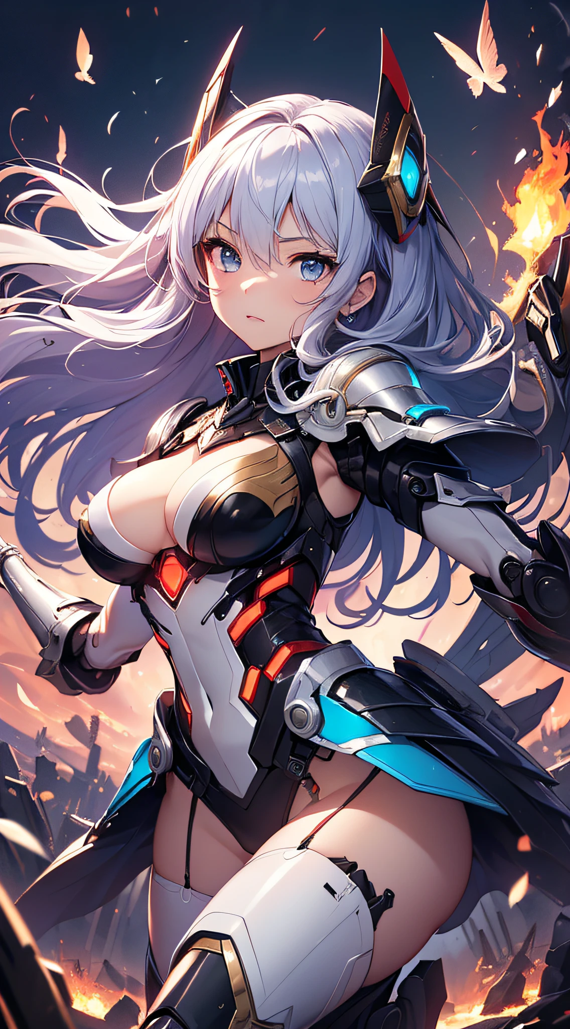 top-quality、Top image quality、​masterpiece、girl with((red and blue mechanical body armor、red mechanic arm、purple leg arms、Shining gold body line、、teen ager、cute lit Bust、big bast,Beautiful light blue eyes、Breasts wide open, Purple hair、silver flight unit,Semi-long、A slender,Large valleys、belligerent movements,glowing whip、)),hiquality、Beautiful Art、Background with((Midnight City、Pillar of fire、fluttering white feathers)))、Depth((Black Giant Robot)),masutepiece、depth of fields,Cinematic style