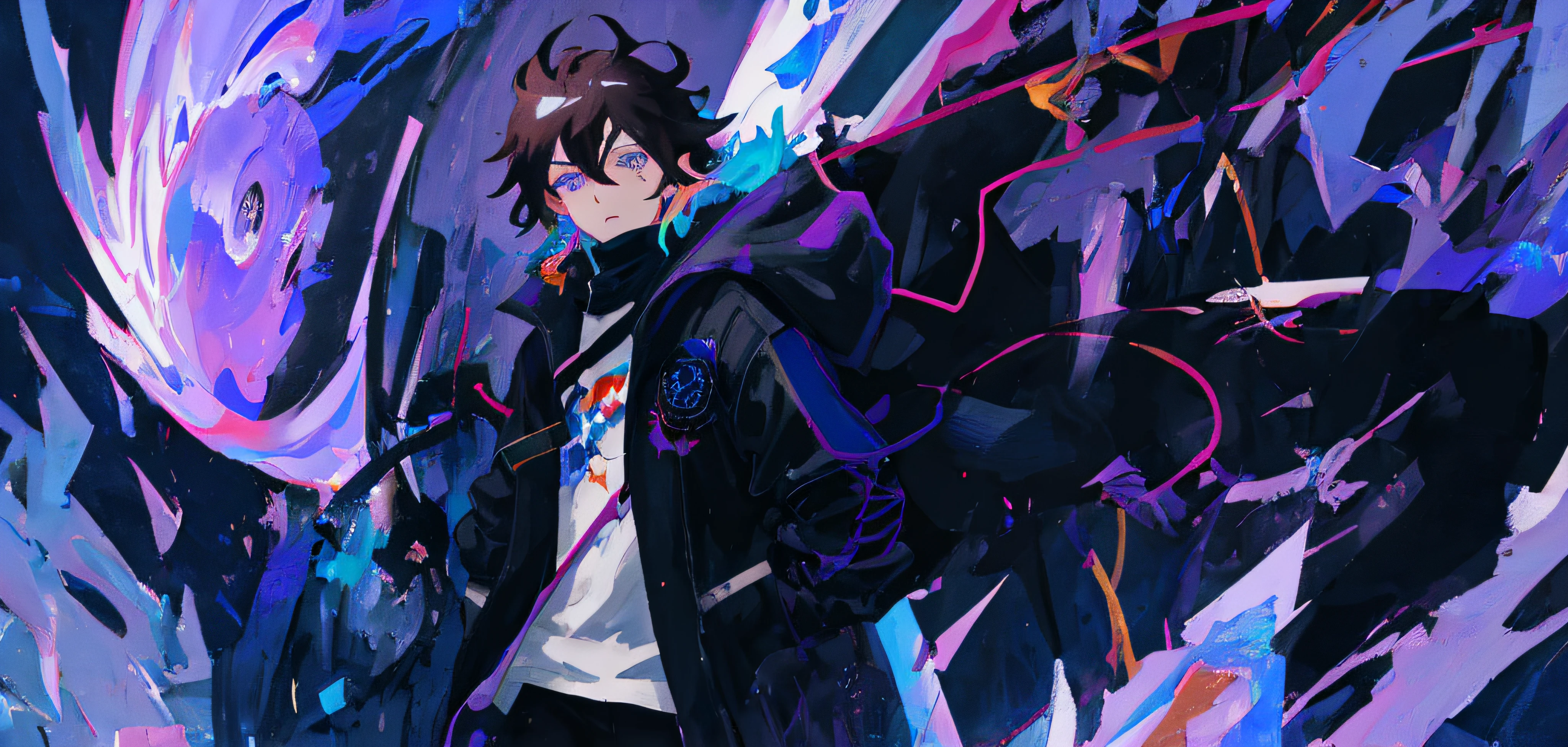 painting of a man in a black jacket and white shirt standing in front of a purple and black background, zerochan art, epic anime style, inspired by Okumura Masanobu, anime epic artwork, ufotable art style, anime abstract art, made with anime painter studio, advanced digital anime art , solo leveling anime, man standing in over coat and producing immense purple aura