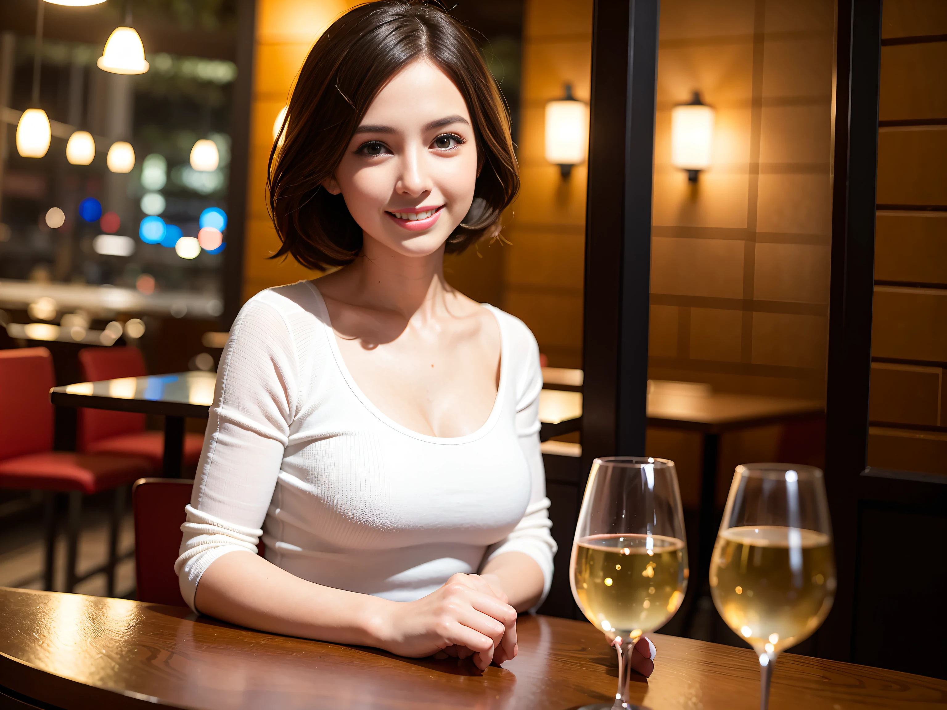 (64K, UHD, top quality, masterpiece: 1.2), (realistic, photorealistic: 1.37), super detailed, pretty woman 1 person, (slim face), (slim body), (brown hair), (short cut), cheeks slightly blushing, (44 years old), 38 years old, solo, beautiful detailed urban night view outside the window, restaurant, wine glasses sit, at night, in a prominent placeNovaFrogStyle, Actress, Model, Waist Up, White Wine, Slim, Wine Glass, Super Clean Night View, Wine Glass Put in the Middle, Happy Smile, (Smile: 1.15), Beautiful Fine Eyes, Upper Body, Bust Japan Up, Night, Short, Short, Actress, Model, Waist Up, White Wine, Slim, Wine Glass, Super Clean Night View, Wine Glass Put in the Middle, Happy Smile,